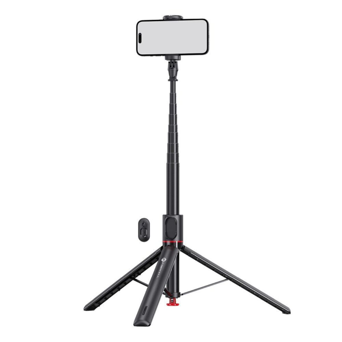 Un trépied de téléphone noir avec un téléphone attaché. Il a une télécommande, trois pieds et un poteau noir extensible. Le fond est blanc.