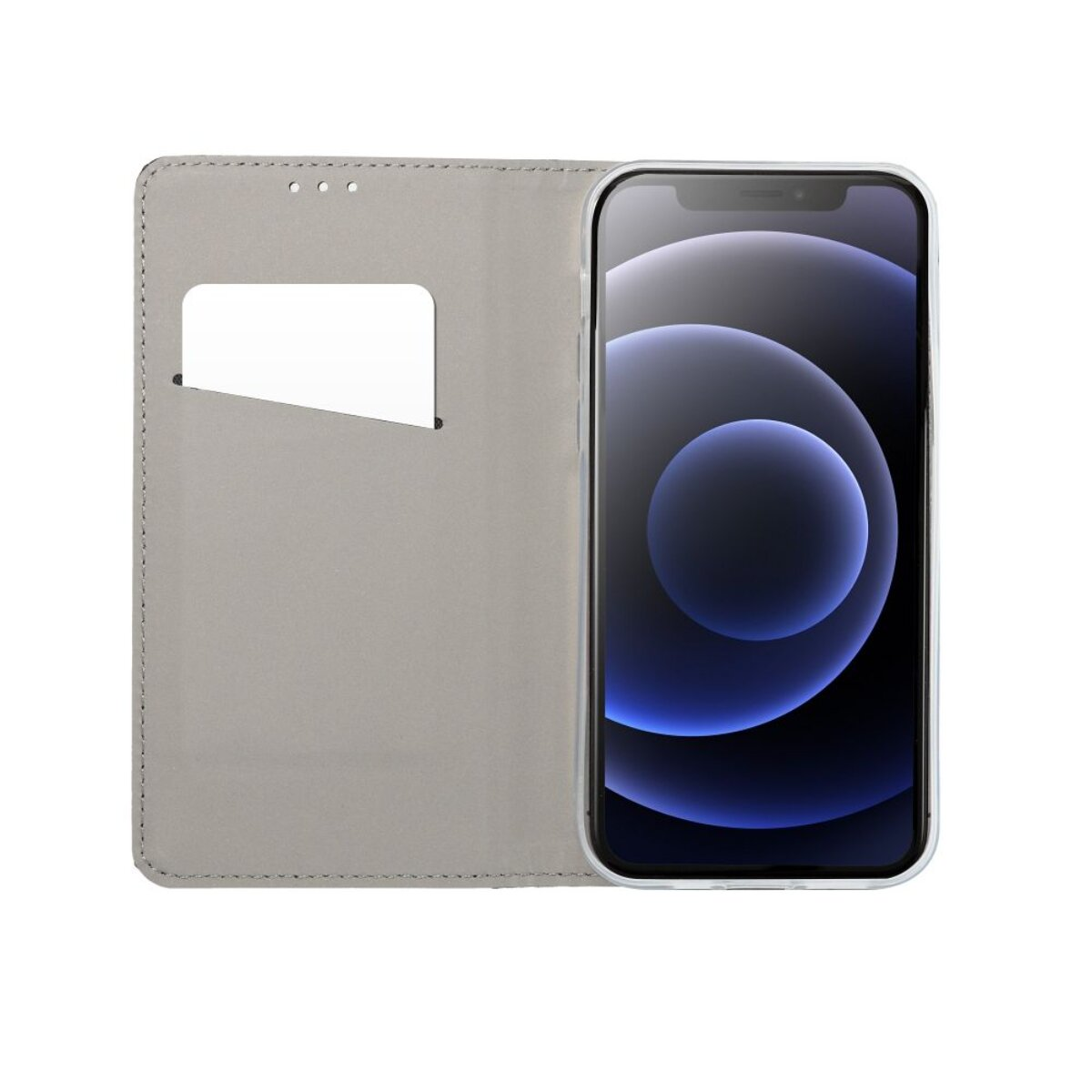 Ein Smartphone in einer hellgrauen Brieftasche. Der Telefonbildschirm zeigt ein dunkelblaues und weißes Kreisdesign.