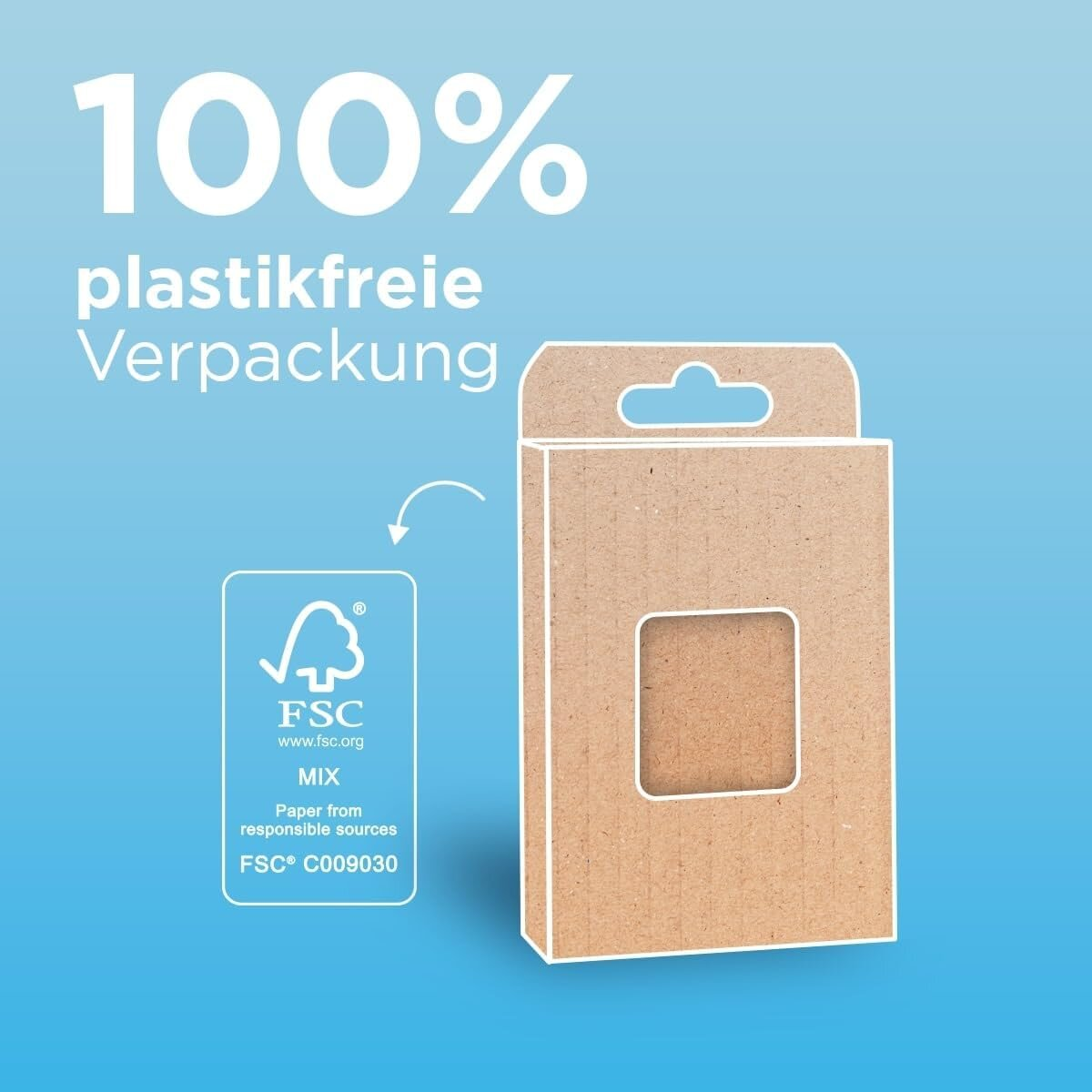 Kartonbox mit Fenster, Text '100% plastikfreie Verpackung', FSC-Logo und blauer Farbverlauf.