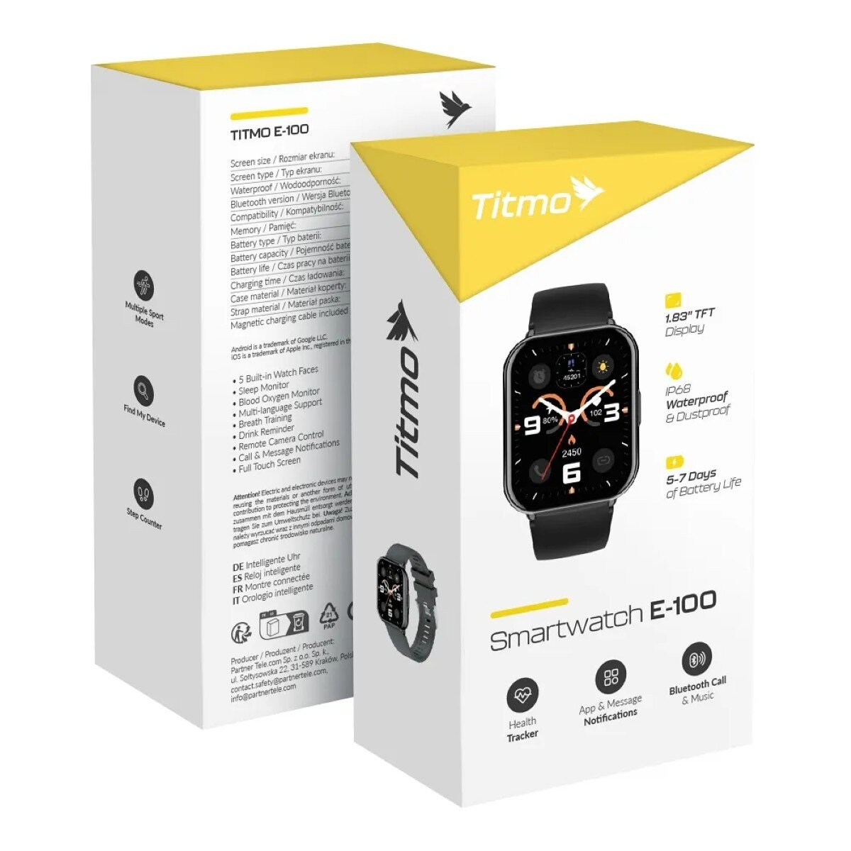 Eine Smartwatch-Box mit einer Uhr. Die Uhr ist schwarz und zeigt Zahlen an. Text: 'Smartwatch E-100'.