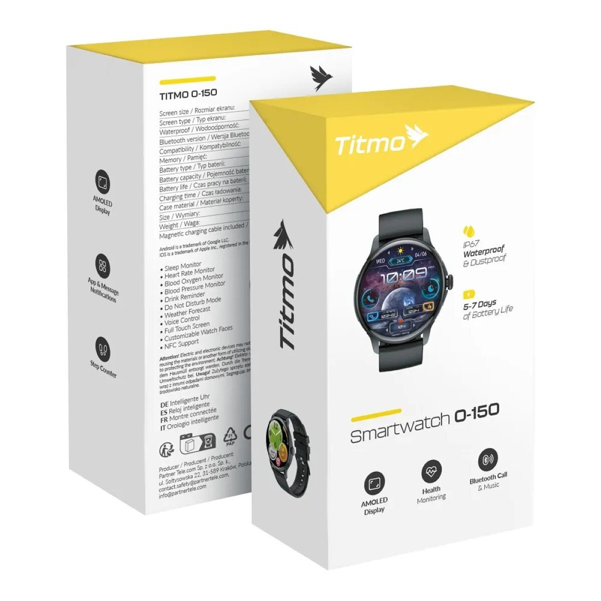 Eine Smartwatch auf einer Schachtel. Die Schachtel ist weiß und gelb. Die Uhr ist schwarz. Die Marke ist Titmo.