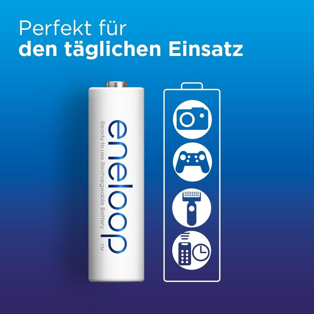 Eneloop-Batterie mit Symbolen von Kamera, Gamecontroller, Rasierer und Fernbedienung. Text auf Deutsch: 'Perfekt für den täglichen Einsatz'.