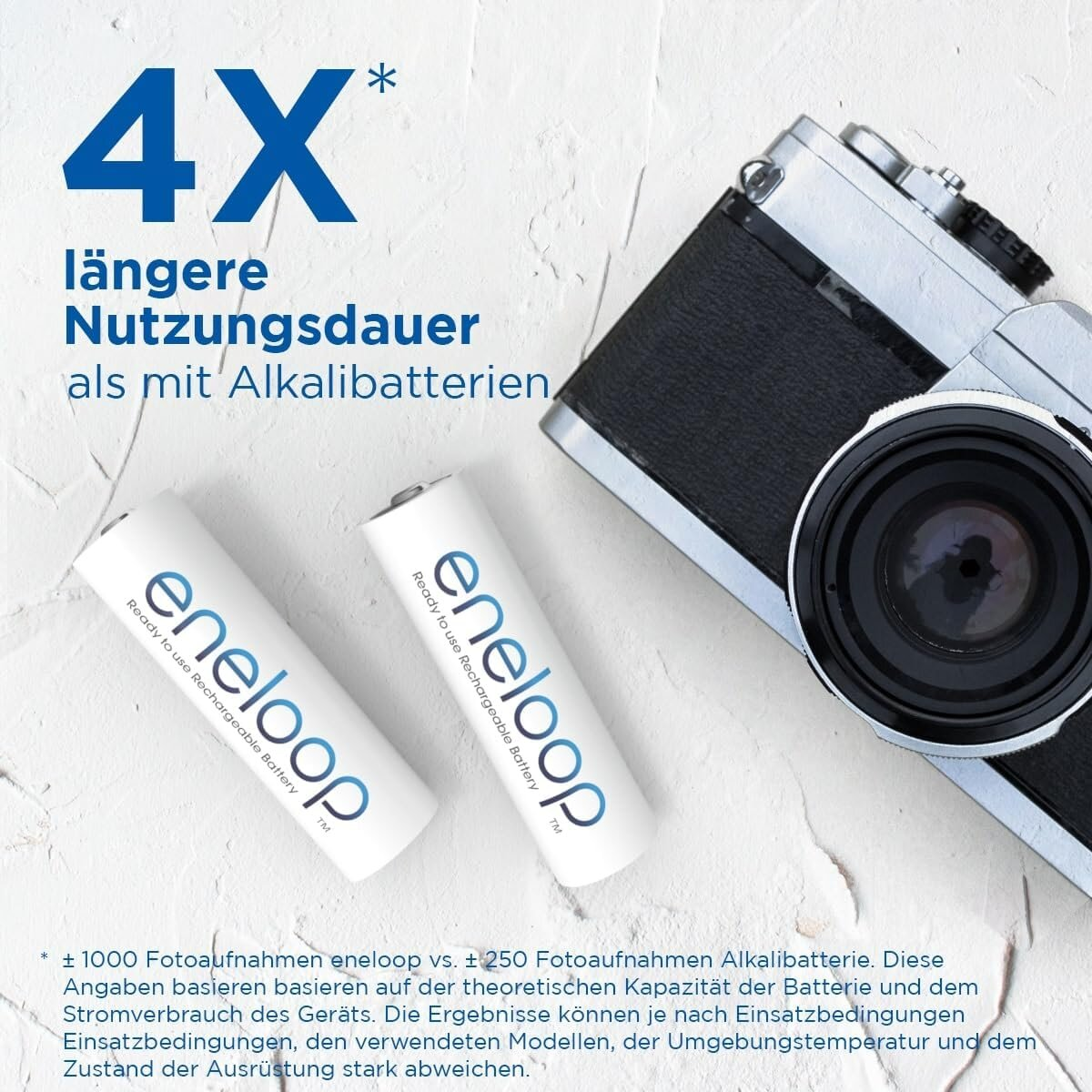 Zwei eneloop-Batterien und eine Kamera auf weißer Oberfläche. Text zeigt 4X längere Nutzung als bei Alkalibatterien.