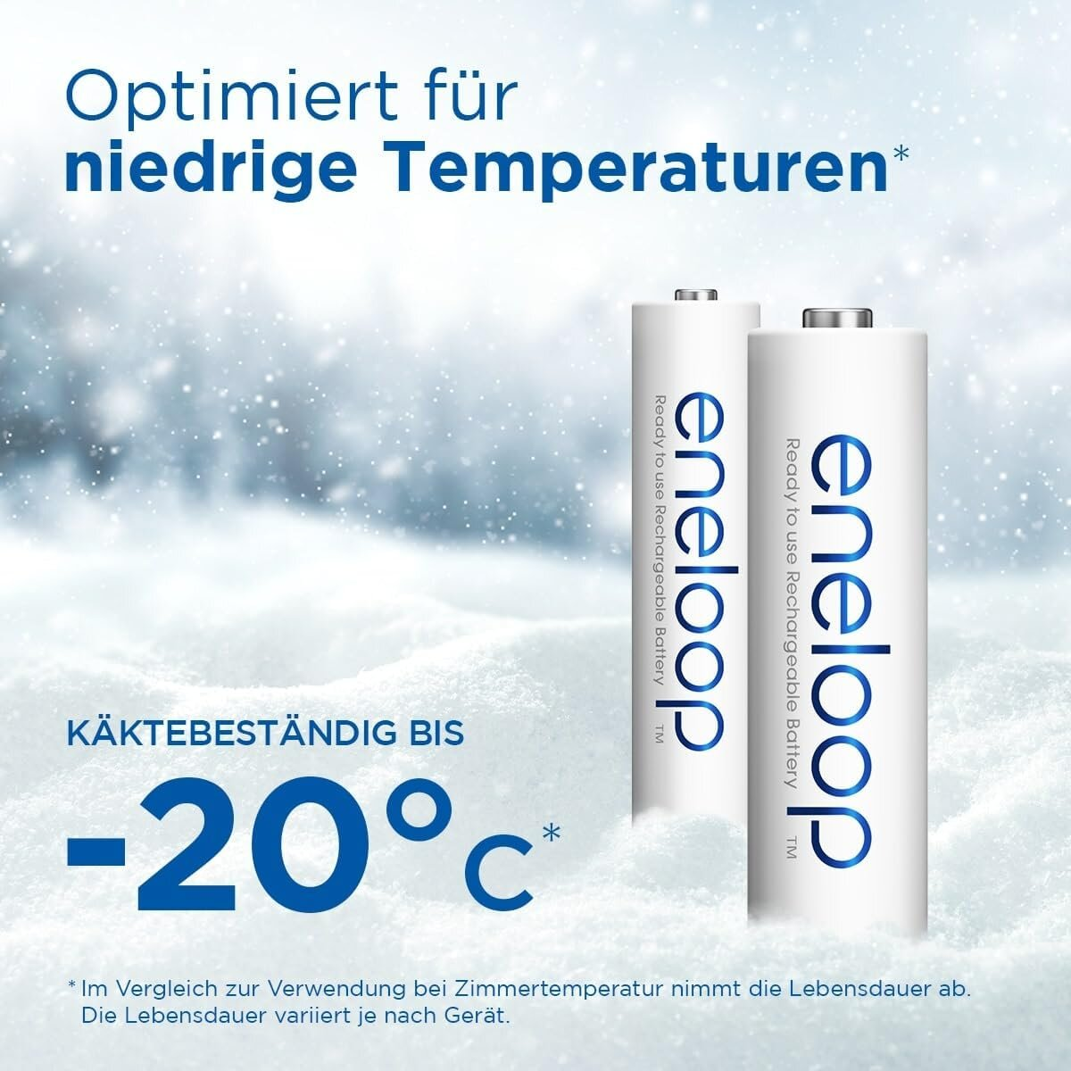 Zwei eneloop-Batterien im Schnee. Text zeigt, dass sie für niedrige Temperaturen optimiert sind. Zeigt -20°C. Hintergrund: Schneefall.