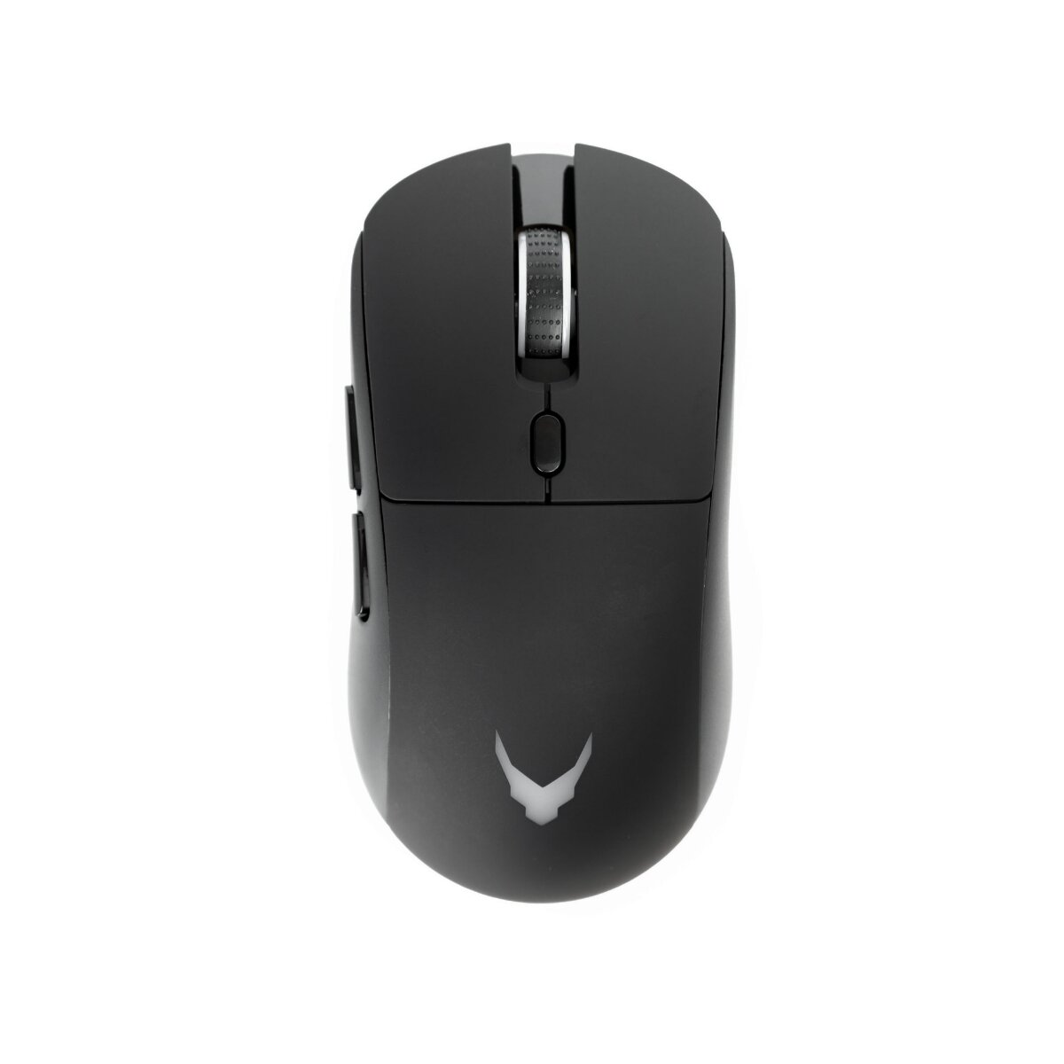 Un mouse nero per computer centrato su sfondo bianco. Ha una rotella, pulsanti laterali e un logo in basso.