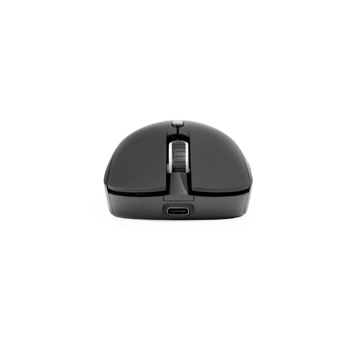 Un mouse per computer wireless nero è centrato su uno sfondo bianco. Ha una rotella di scorrimento e una porta USB-C.