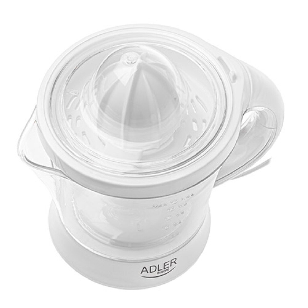Spremiagrumi elettrico bianco dall'alto. Coperchio trasparente e base bianca. Marchio 'ADLER Europe'.