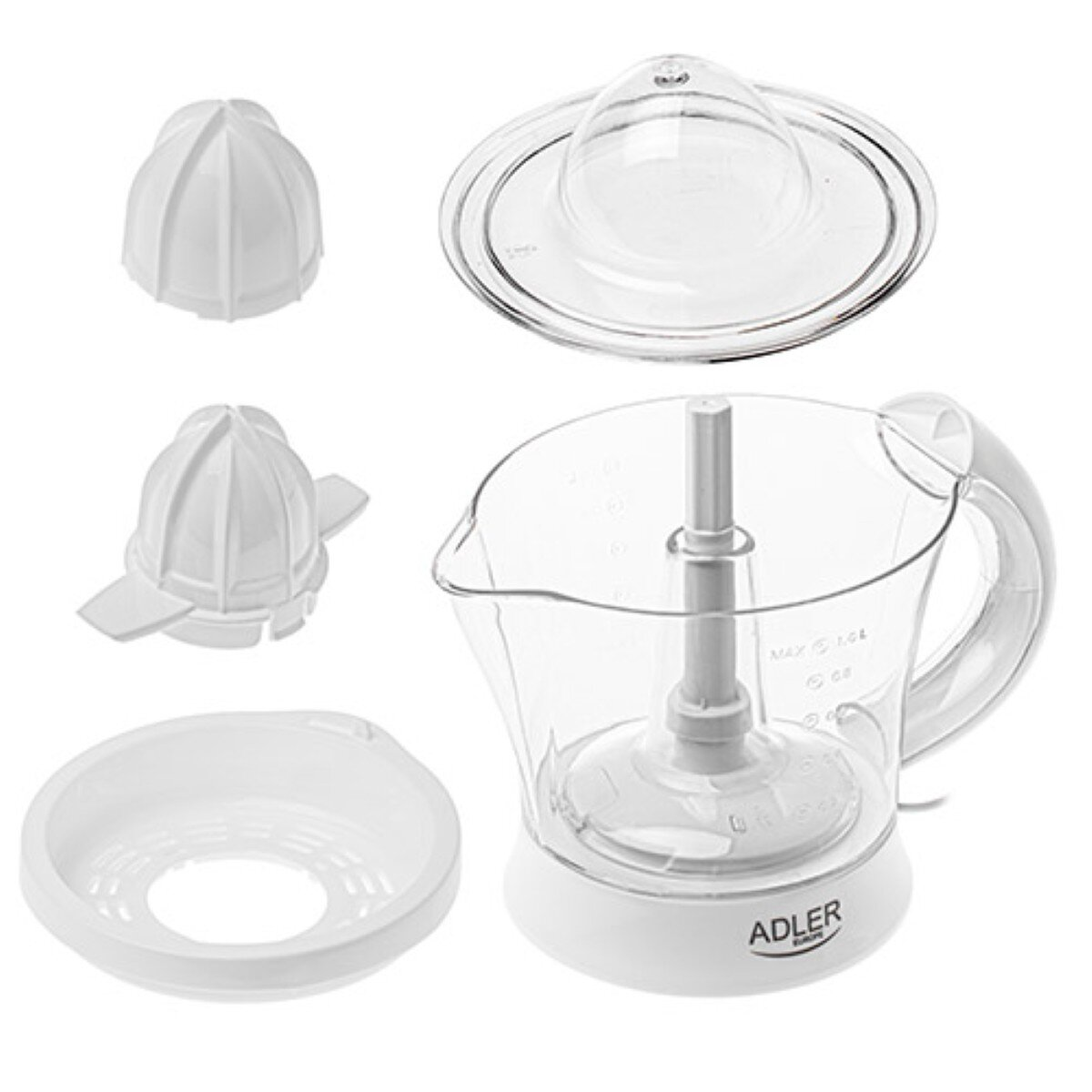 Uno spremiagrumi bianco e trasparente smontato. I componenti includono una base, una brocca, teste di spremitura e un coperchio.