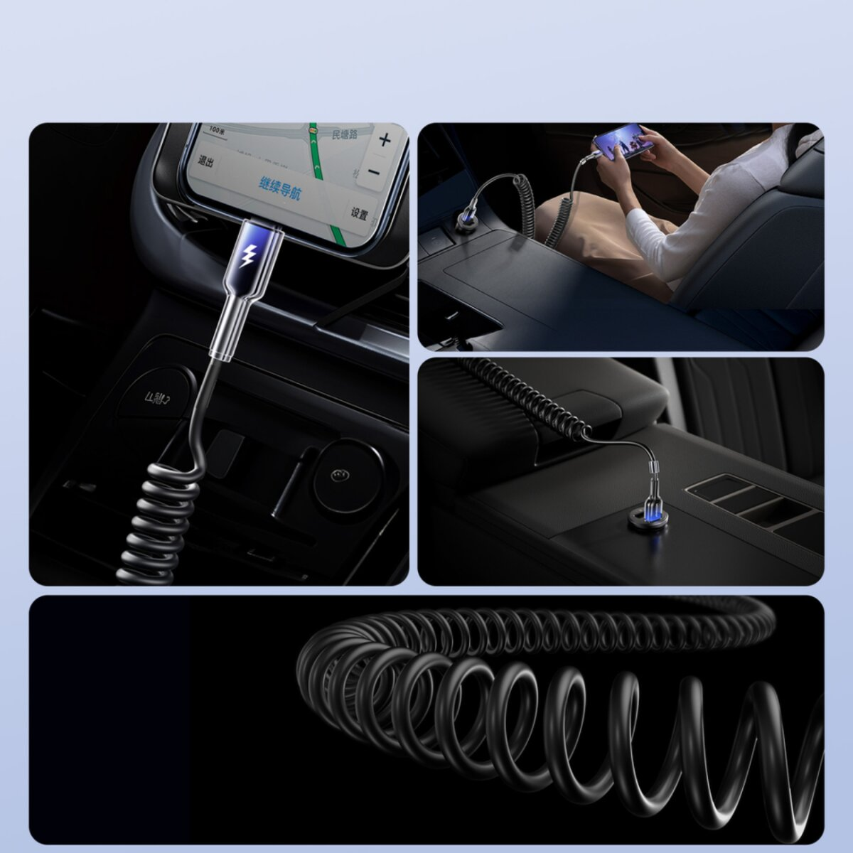 Un telefono in carica in un'auto. Una persona sta usando il telefono. Un cavo a spirale collega il telefono a una porta di ricarica.