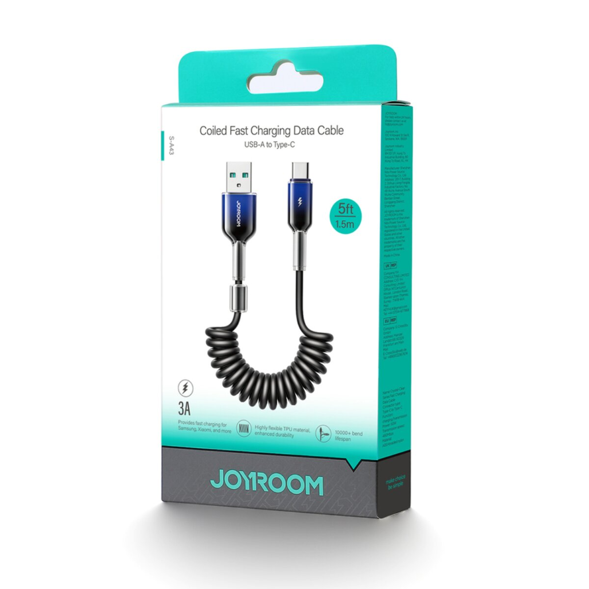 Una scatola con un cavo di ricarica USB-A a Type-C a spirale. La scatola è bianca, blu e nera. Il testo sulla scatola include 'JOYROOM' e '5ft'.