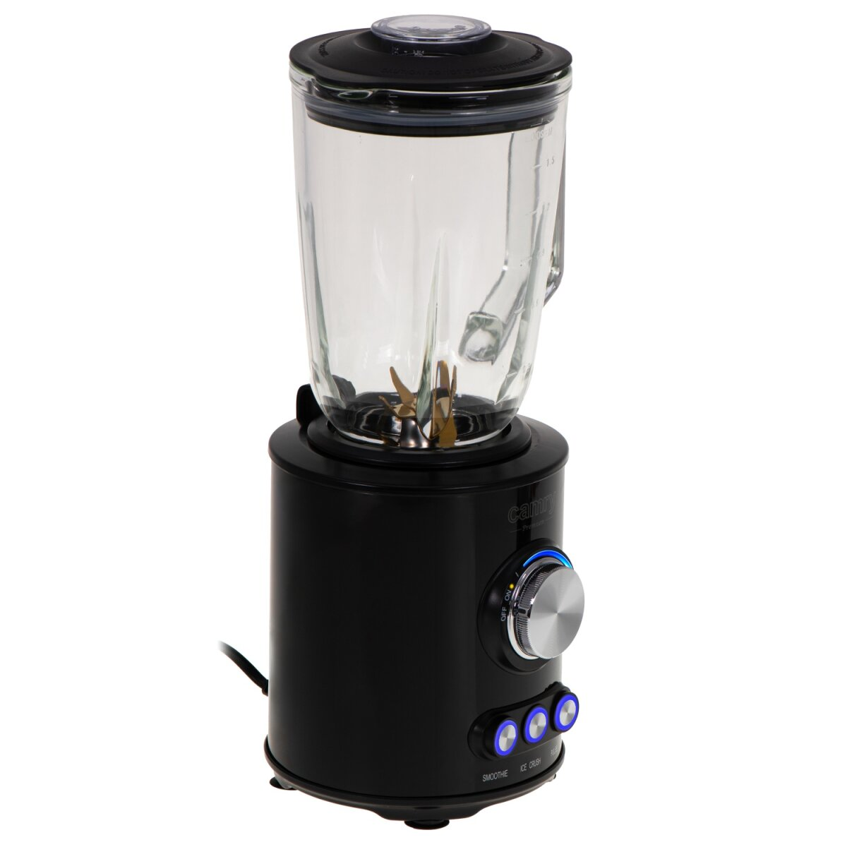 Ein schwarzer Mixer mit einem Glasbehälter. Er hat einen silbernen Drehknopf und blau beleuchtete Tasten für Smoothie und Eis zerkleinern.