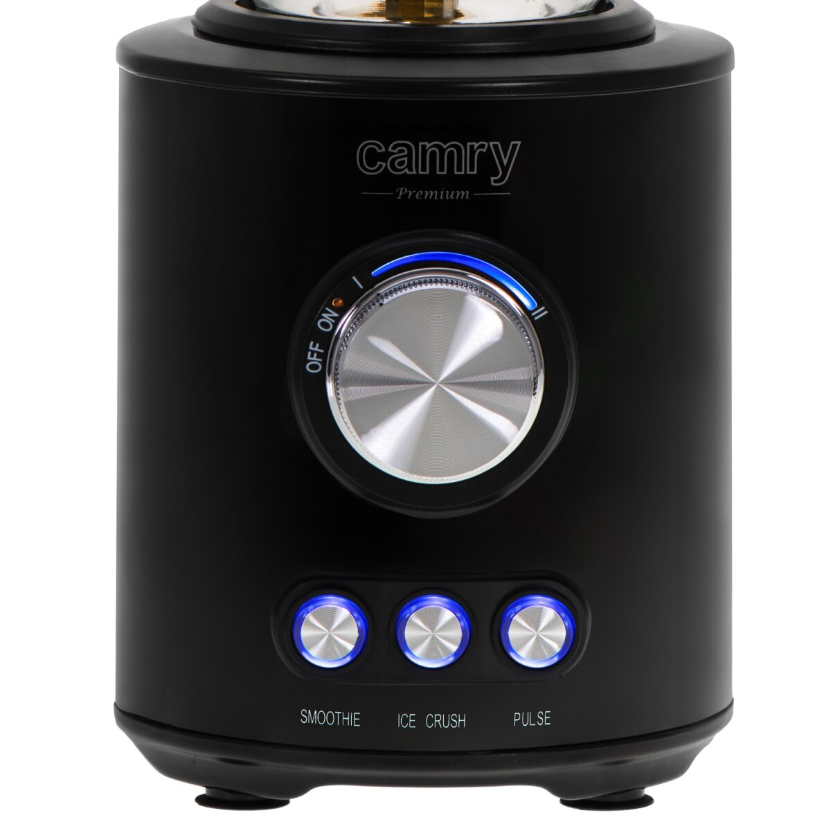Schwarzer Mixer mit silbernen Bedienelementen und blauen Lichtern. Hat Einstellungen für Smoothie, Ice Crush und Pulse. Die Marke ist Camry.
