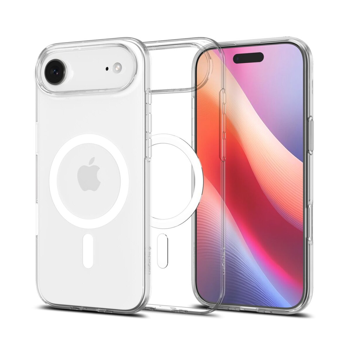 Tre custodie trasparenti per telefono. Una ha un telefono con schermo colorato. Logo Apple visibile sulla custodia.