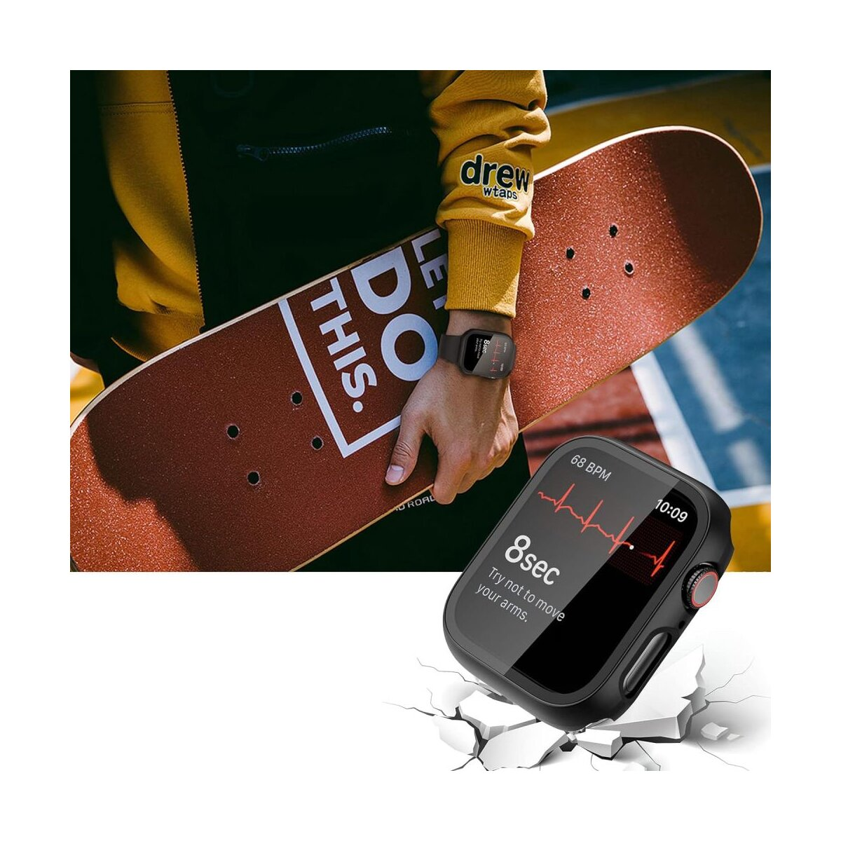 Une personne tient un skateboard. Une montre intelligente affiche un moniteur de fréquence cardiaque. La personne porte une veste jaune. Le fond est flou.