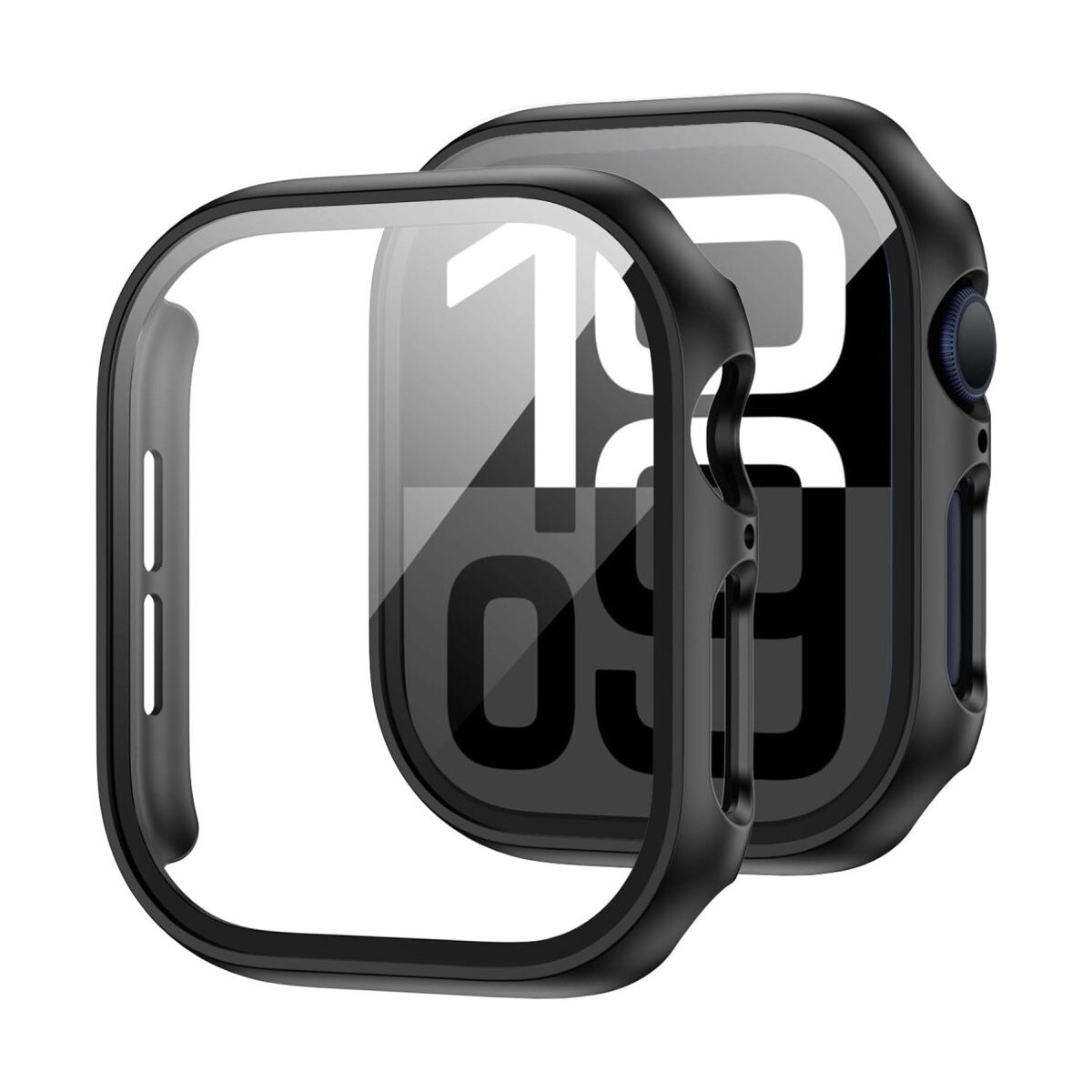 Coque de protection noire pour montre connectée, avec l'heure : 12h03. La coque a une protection transparente et un cadre sombre.