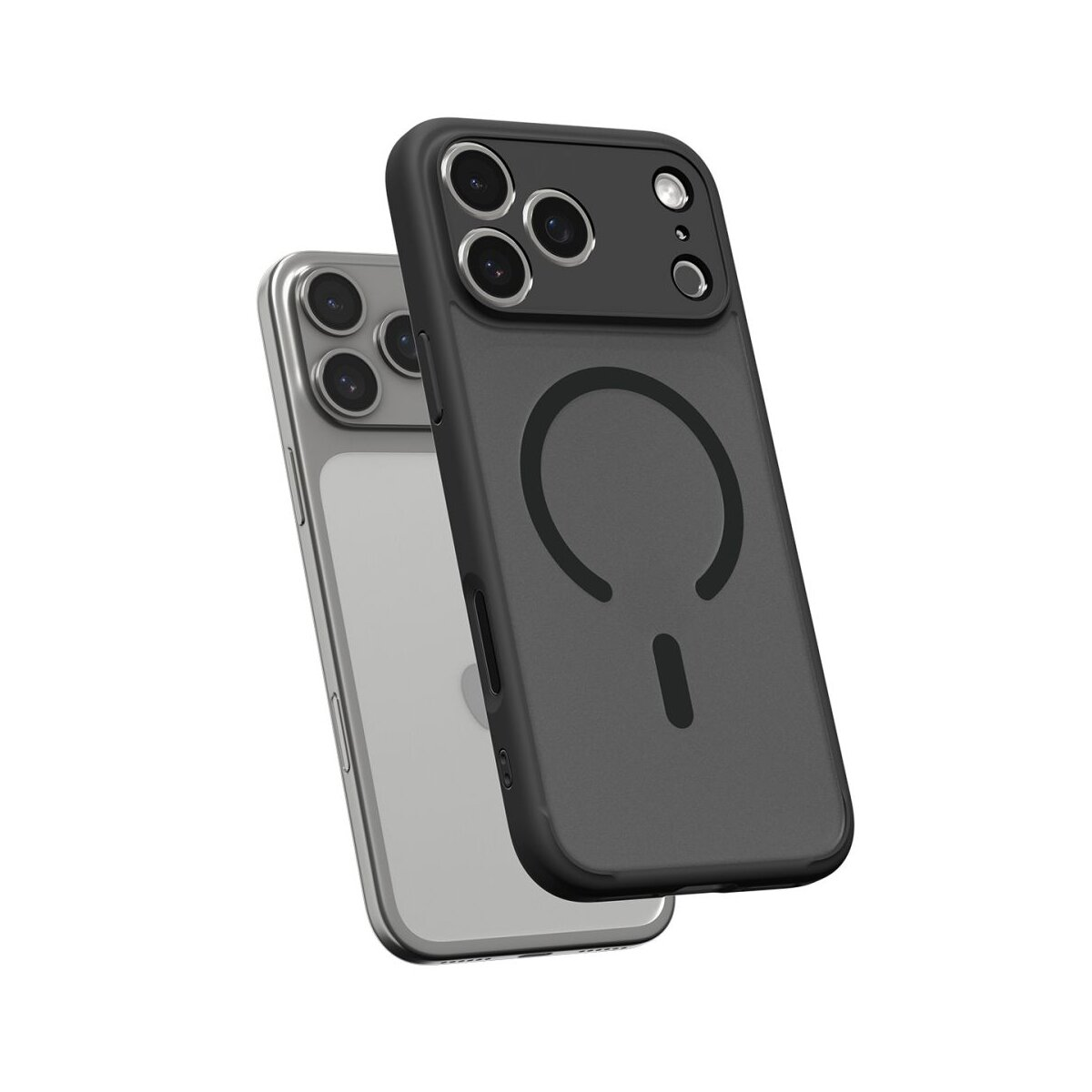 Deux téléphones avec étuis. Un en argent, l'autre en noir avec un motif cercle et tiret. Les deux ont plusieurs objectifs.