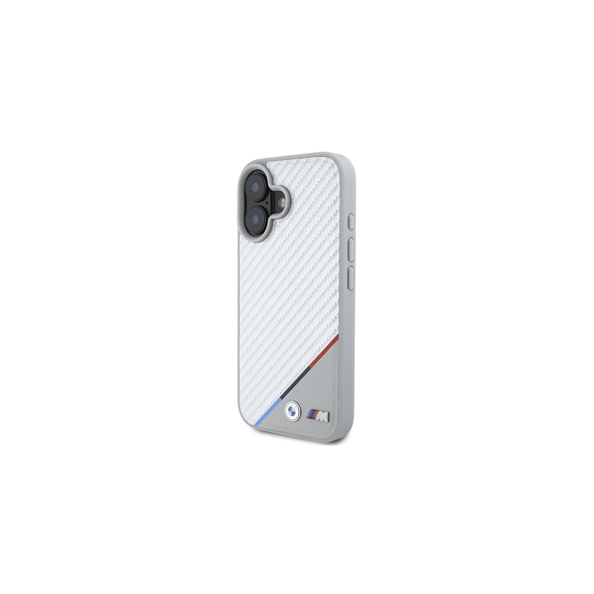 Una custodia bianca per telefono con logo BMW. Ha una superficie strutturata, ritagli per la fotocamera e pulsanti laterali. Sono visibili strisce rosse, blu e grigie.