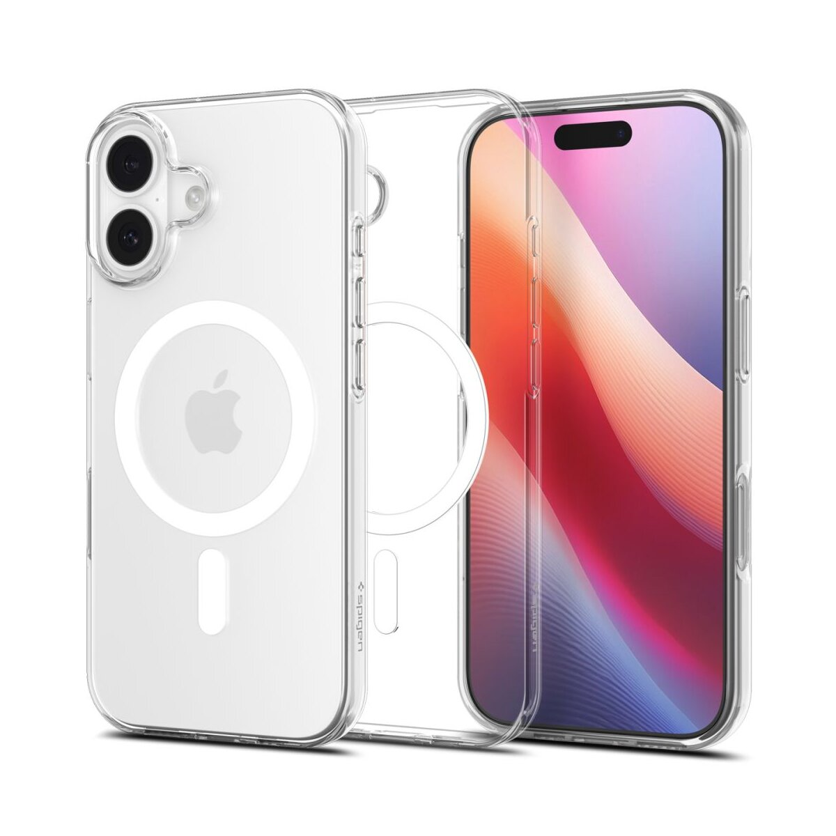 Tre custodie trasparenti per telefono: una con un iPhone, una vuota e una che copre parzialmente il telefono. Logo Apple visibile.