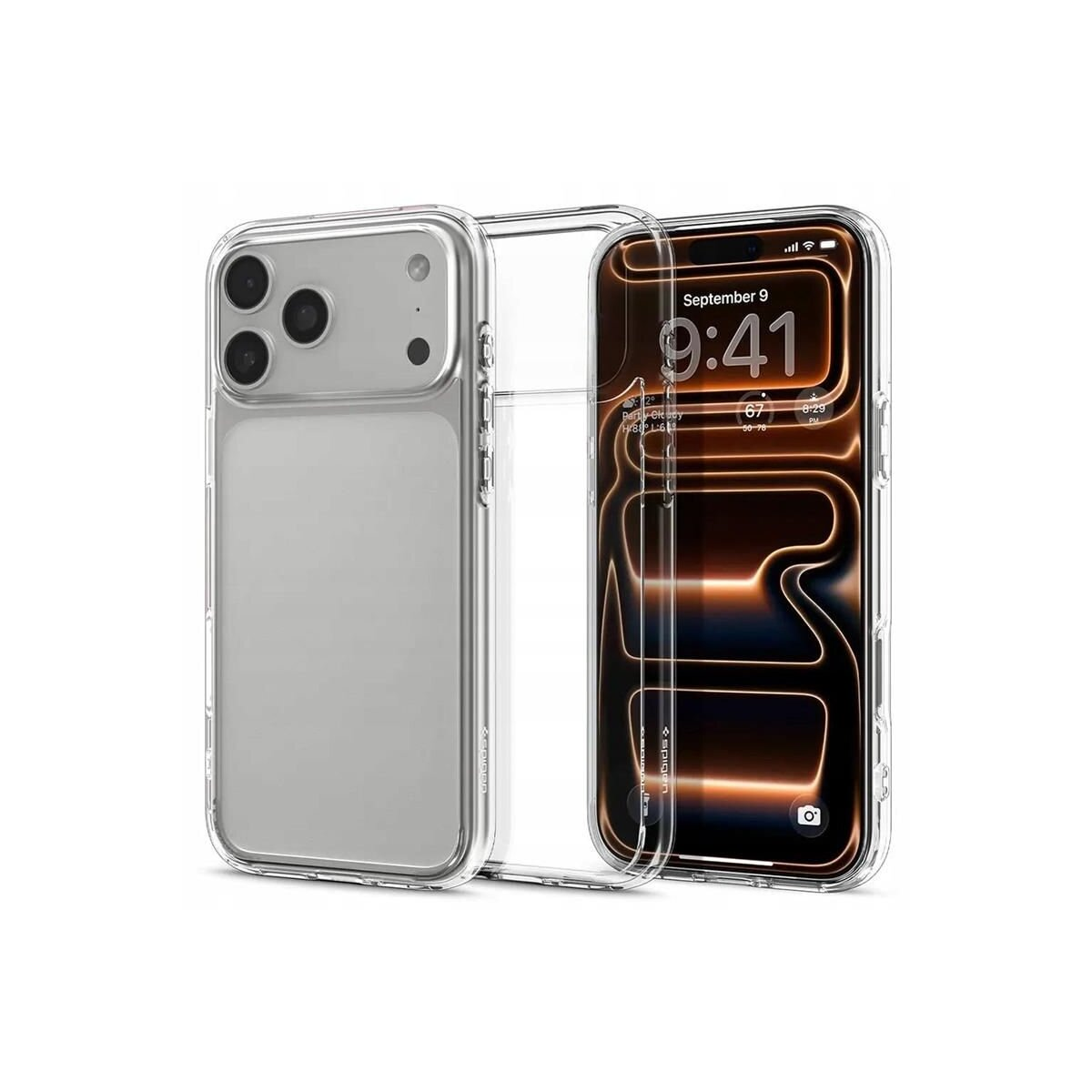 Coque de téléphone transparente avec iPhone. L'écran affiche 9h41 le 9 septembre.