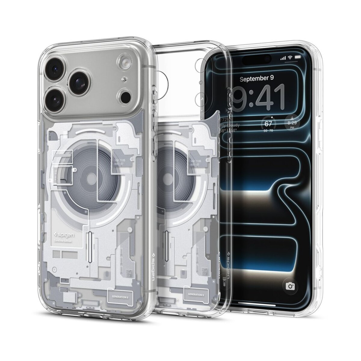Tre custodie trasparenti per telefono, una con un iPhone all'interno. Le custodie rivelano il design interno del telefono, data 9 settembre, 9:41.