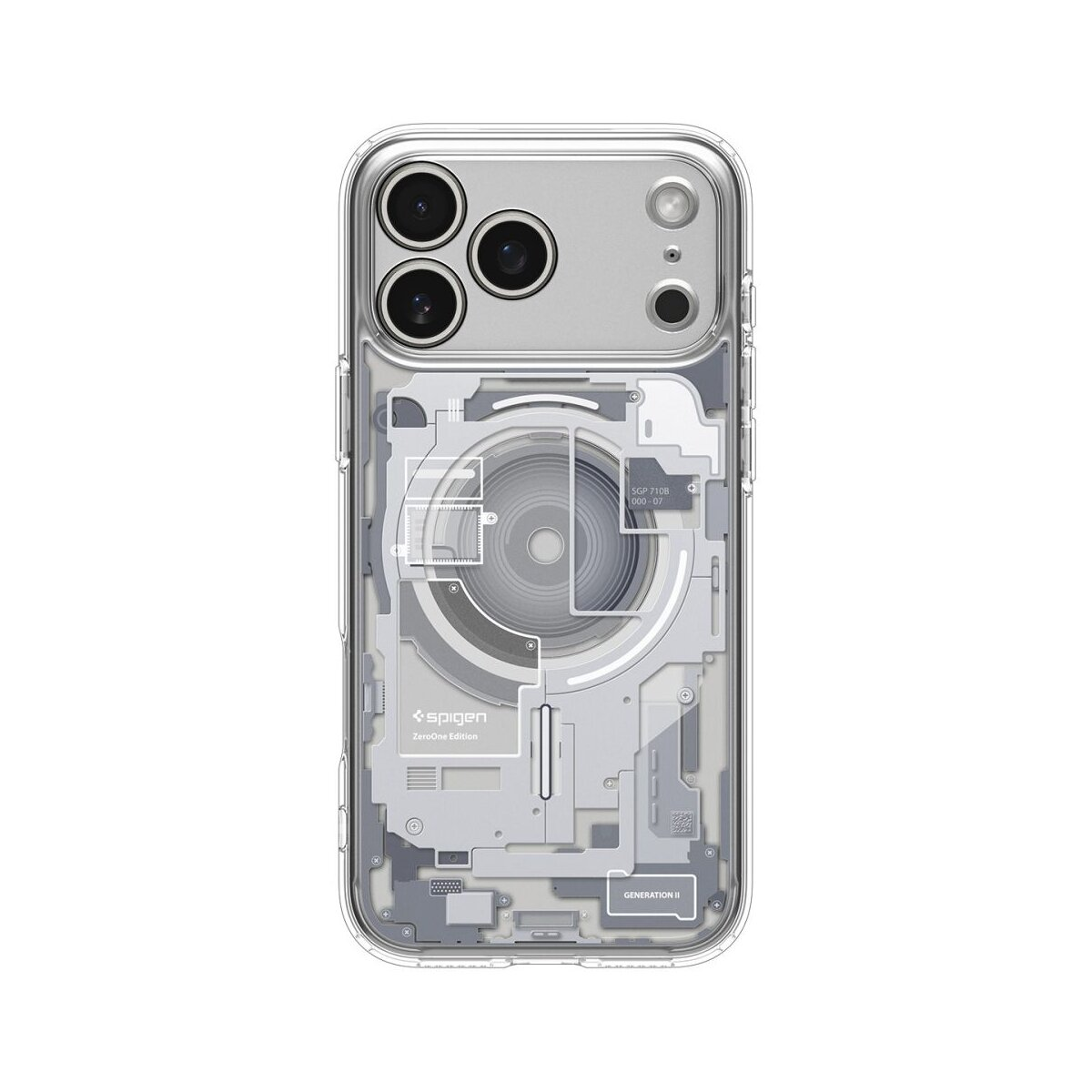 Custodia trasparente per telefono con un design che mostra i componenti interni. Contiene tre obiettivi e un flash. Il design è grigio e bianco.