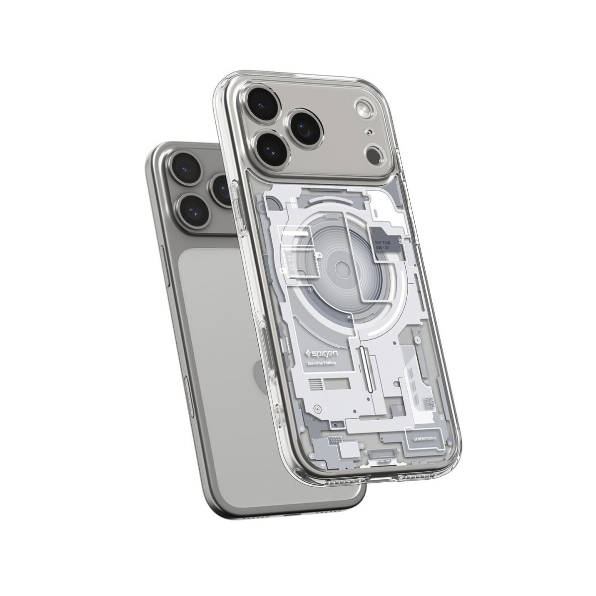 Due custodie trasparenti per iPhone. La prima mostra componenti interni, la seconda è solida. Entrambe su sfondo bianco.