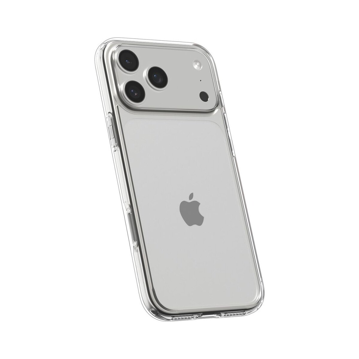 Un iPhone transparent dans une coque transparente. La section caméra est visible. Le logo Apple est visible. Le fond est blanc.