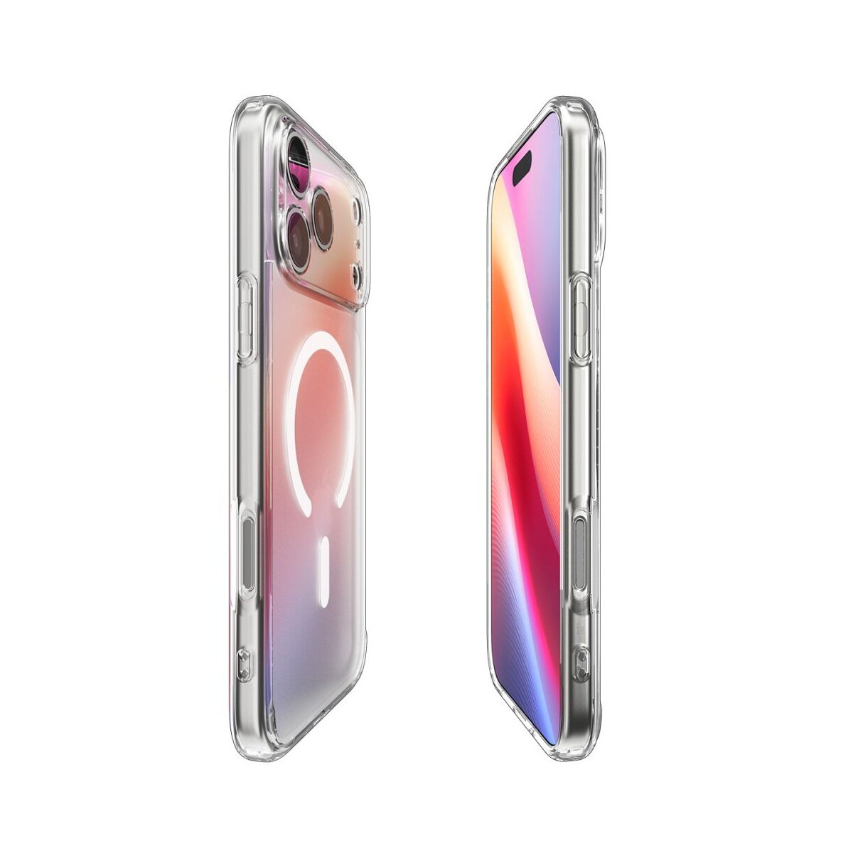 Due custodie trasparenti per telefono, una con sfondo colorato e l'altra con schermo colorato. Entrambe mostrano la vista laterale.