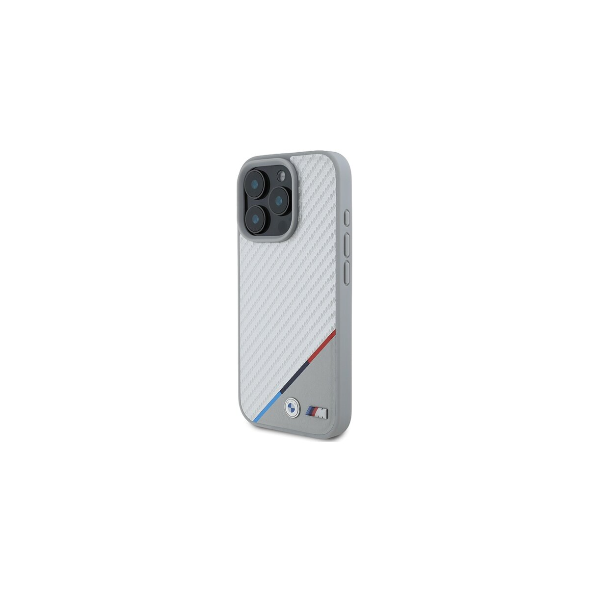 Una custodia per telefono con cornice grigia e retro bianco a fantasia. Presenta il logo BMW e strisce blu e rosse.