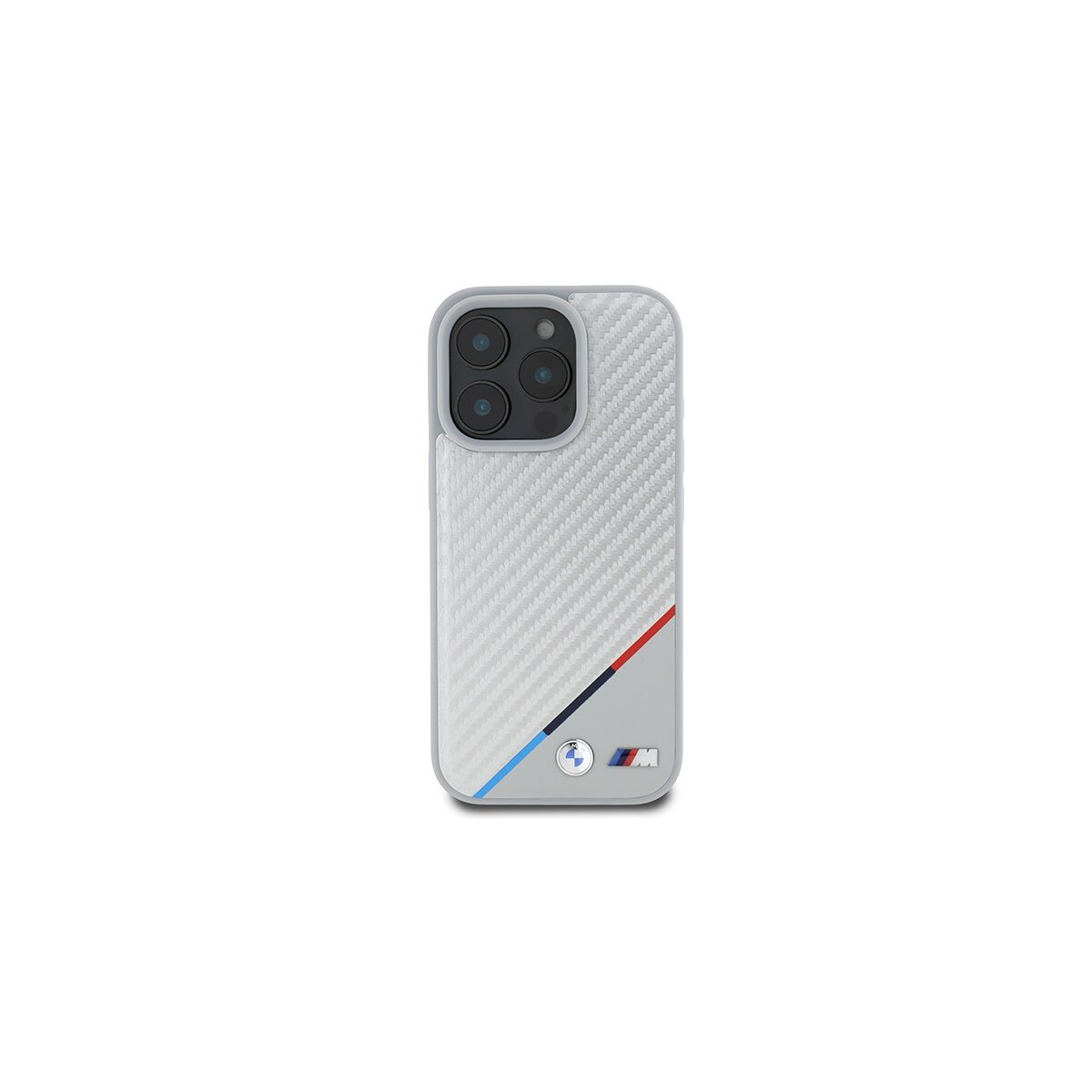 Una custodia bianca per telefono con logo BMW. Ha un motivo in fibra di carbonio e un design con strisce blu, rosse e nere.