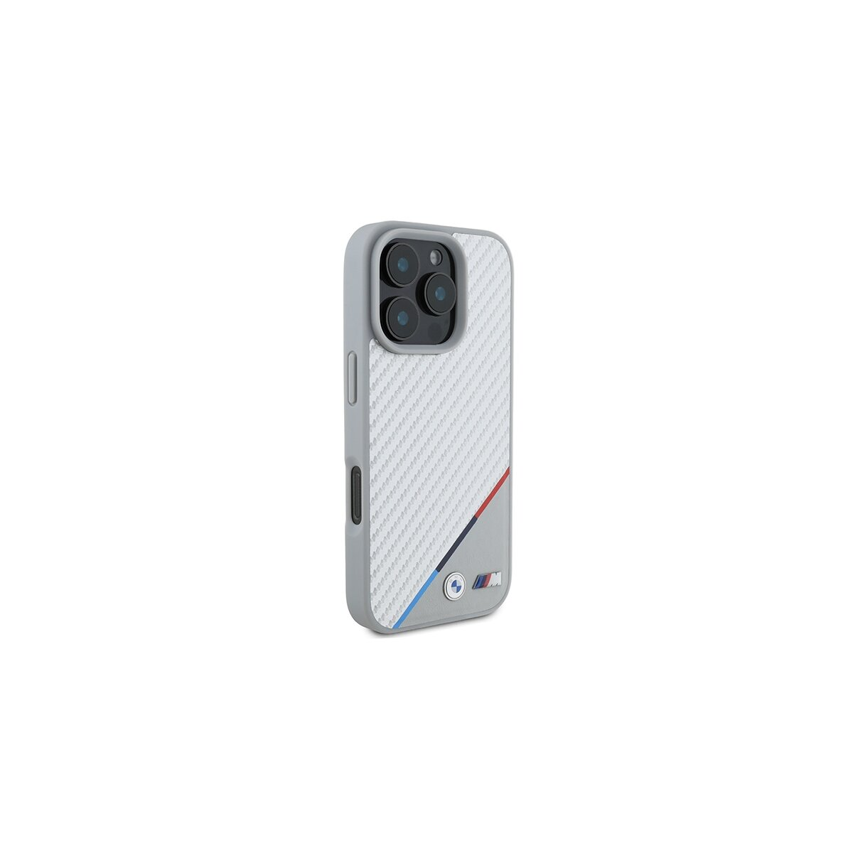 Un iPhone grigio con custodia protettiva. La custodia ha un retro bianco strutturato con logo BMW e strisce rosse, blu e grigie.
