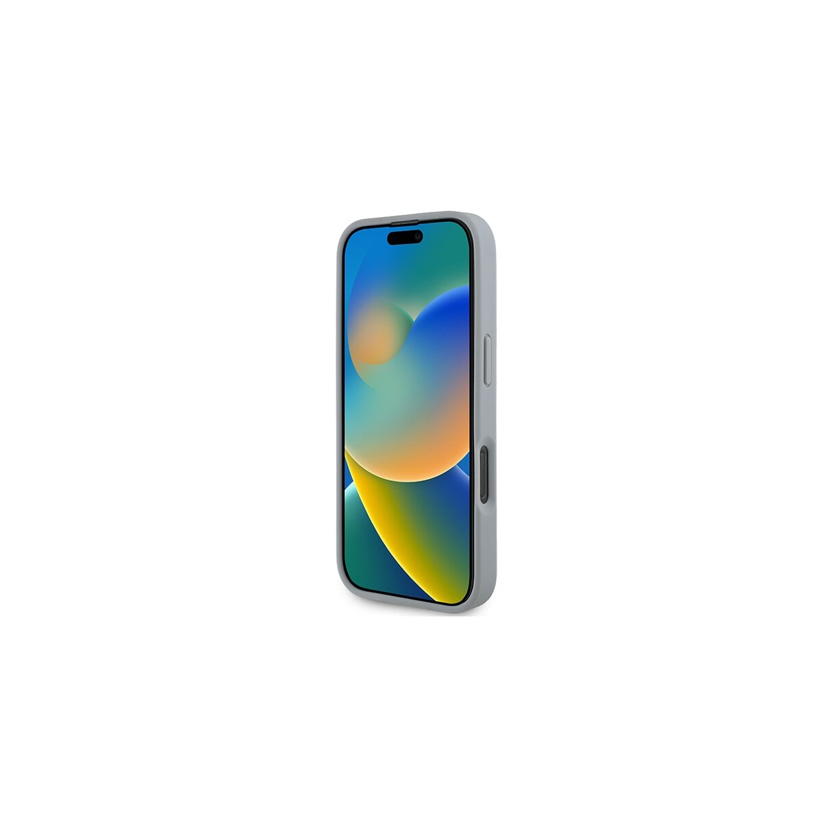 Un iPhone con custodia grigia. Lo schermo mostra uno sfondo astratto colorato. Il telefono è angolato, con sfondo bianco.