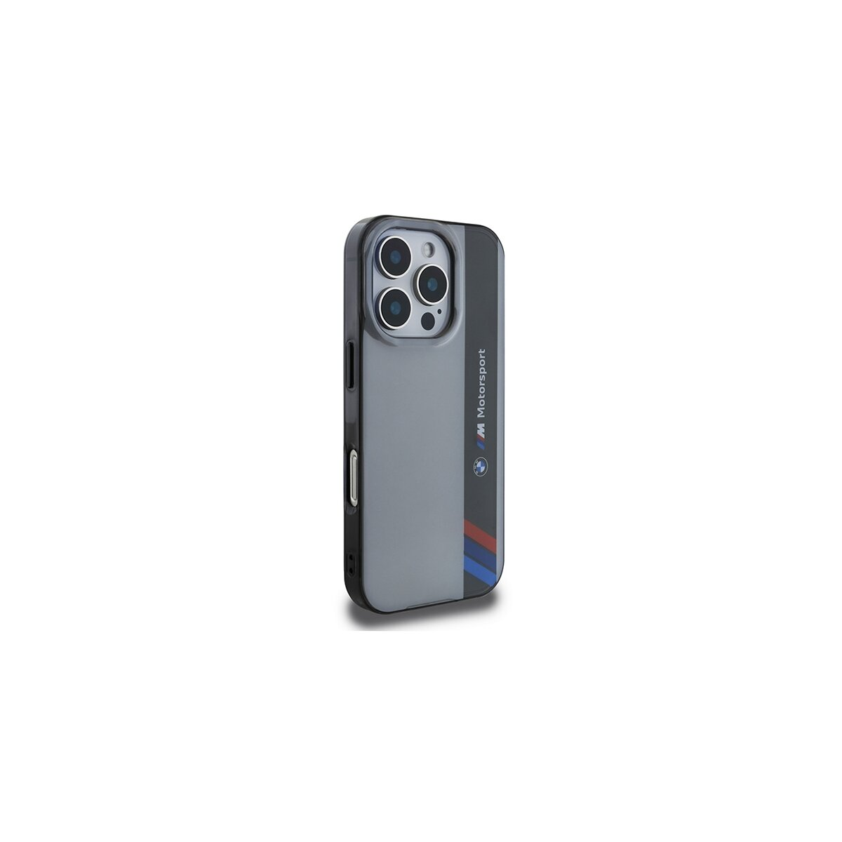 Una custodia per telefono, grigia con cornice nera. Presenta il logo BMW M Motorsport e strisce rosse, blu e blu navy.