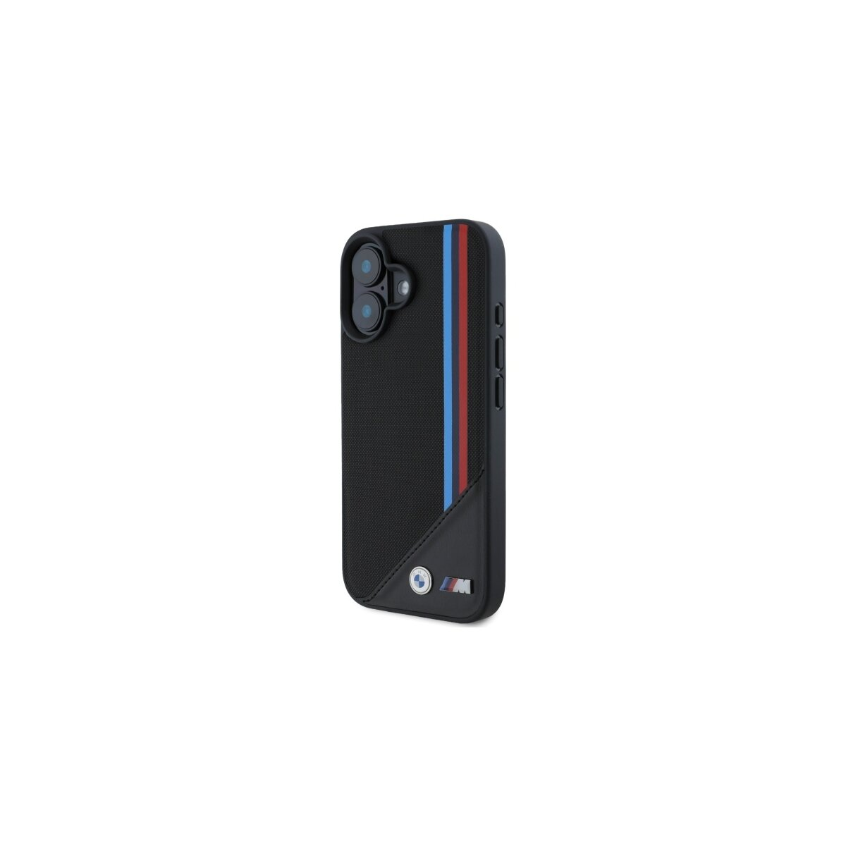 Custodia per telefono nera con strisce blu, rosse e bianche. Presenta il logo BMW M. Il telefono ha tre fotocamere.