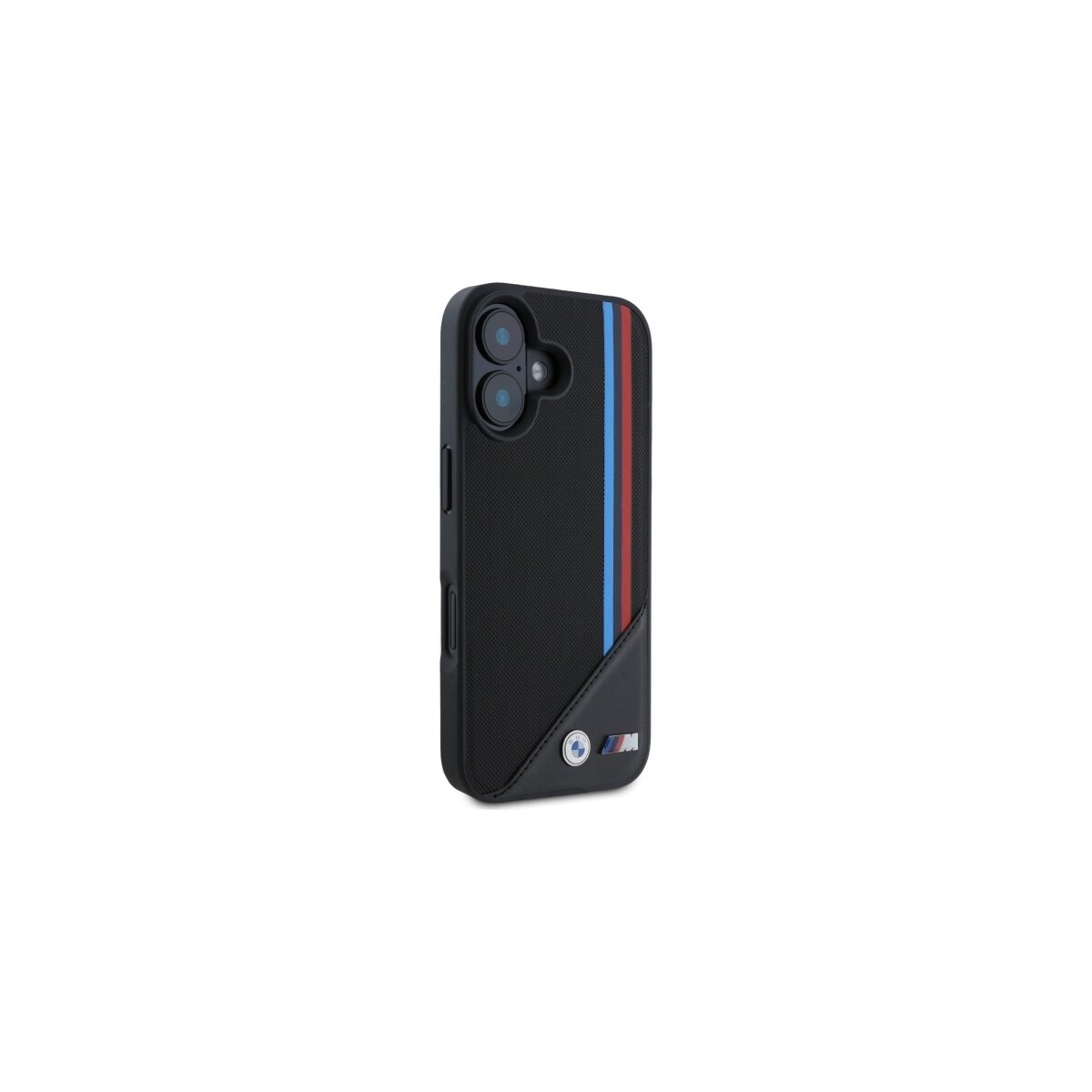 Custodia nera per telefono con strisce blu e rosse e logo BMW su sfondo bianco.