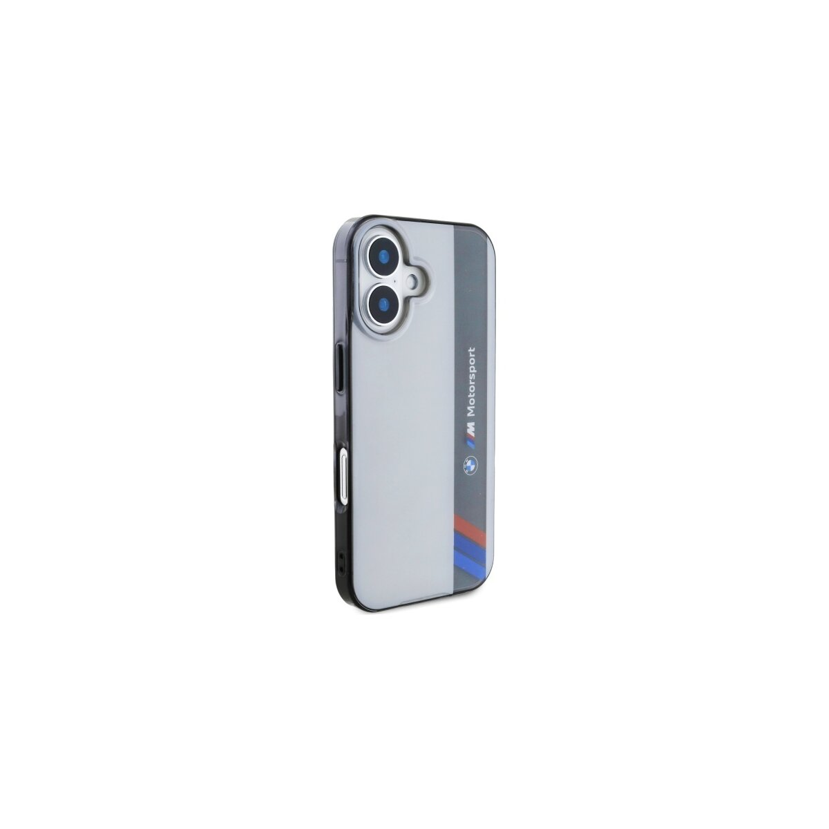 Una custodia per telefono con design BMW Motorsport. È grigia con dettagli blu, rossi e neri. Lo sfondo è bianco.