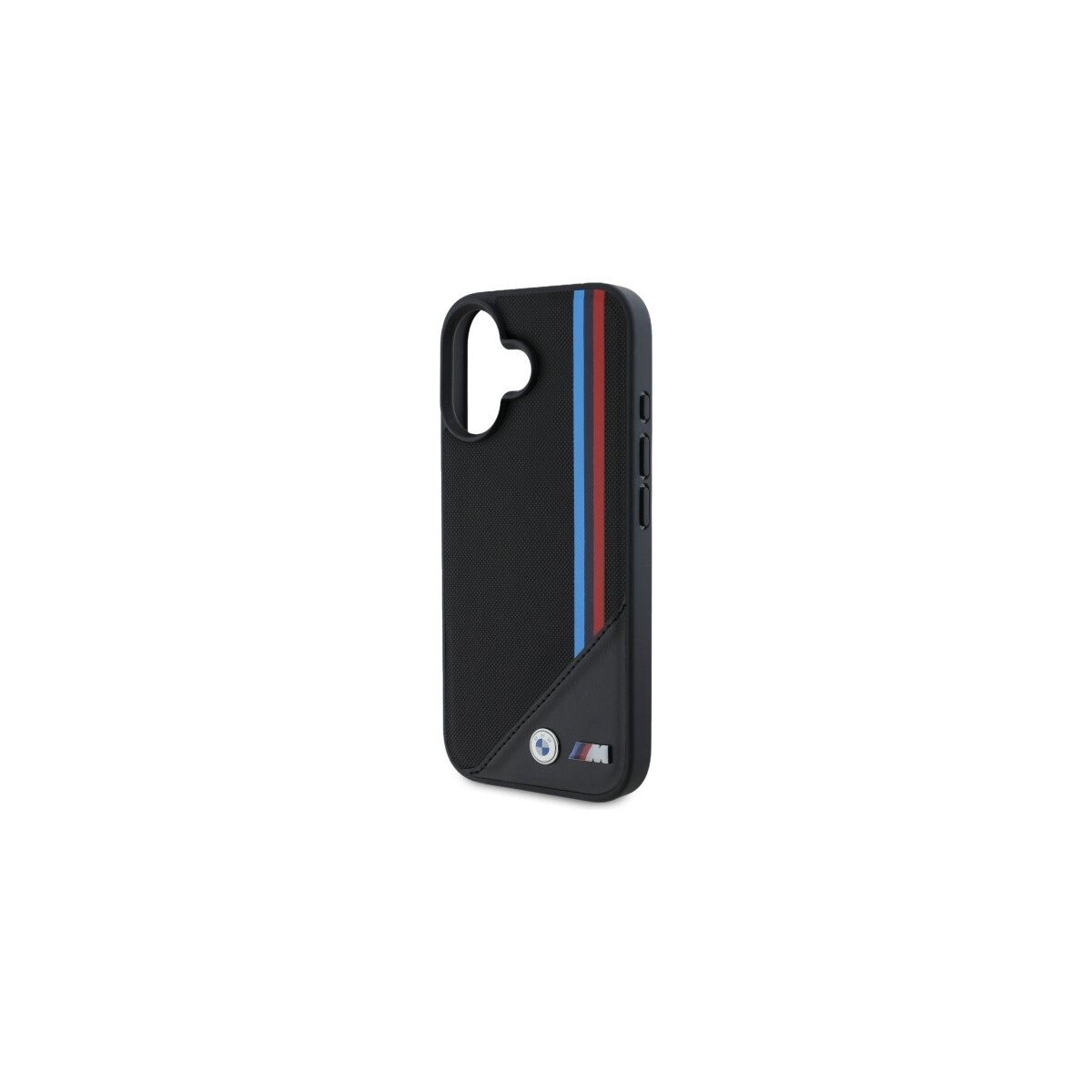 Custodia nera per telefono con strisce blu e rosse e logo BMW. La custodia è su sfondo bianco.