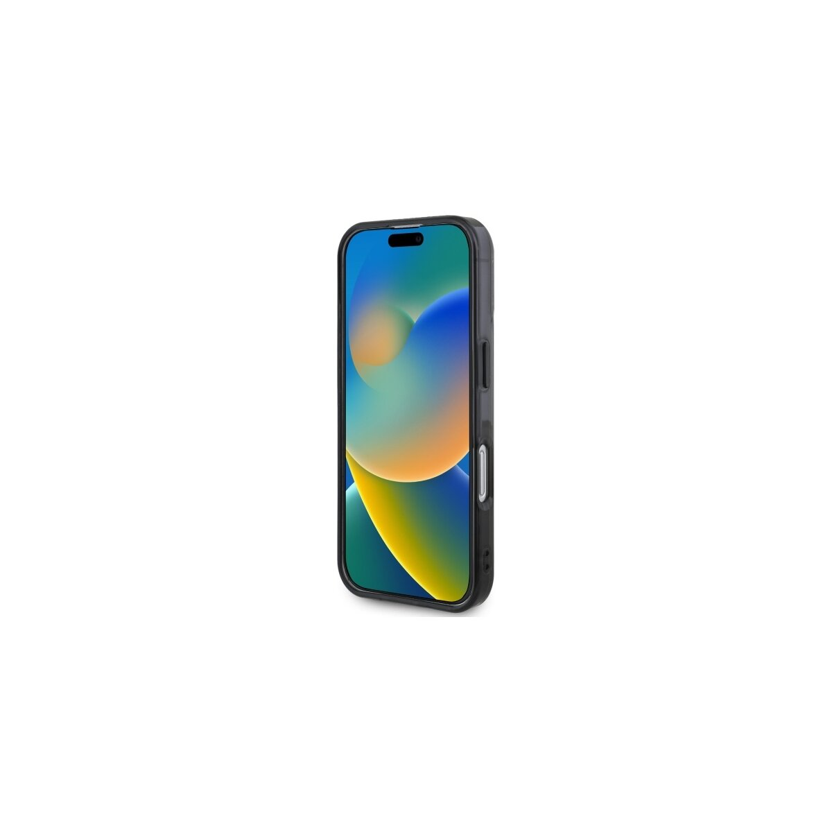 Uno smartphone in una custodia nera, con uno sfondo astratto e colorato con sfumature blu, gialle e verdi, su sfondo bianco.