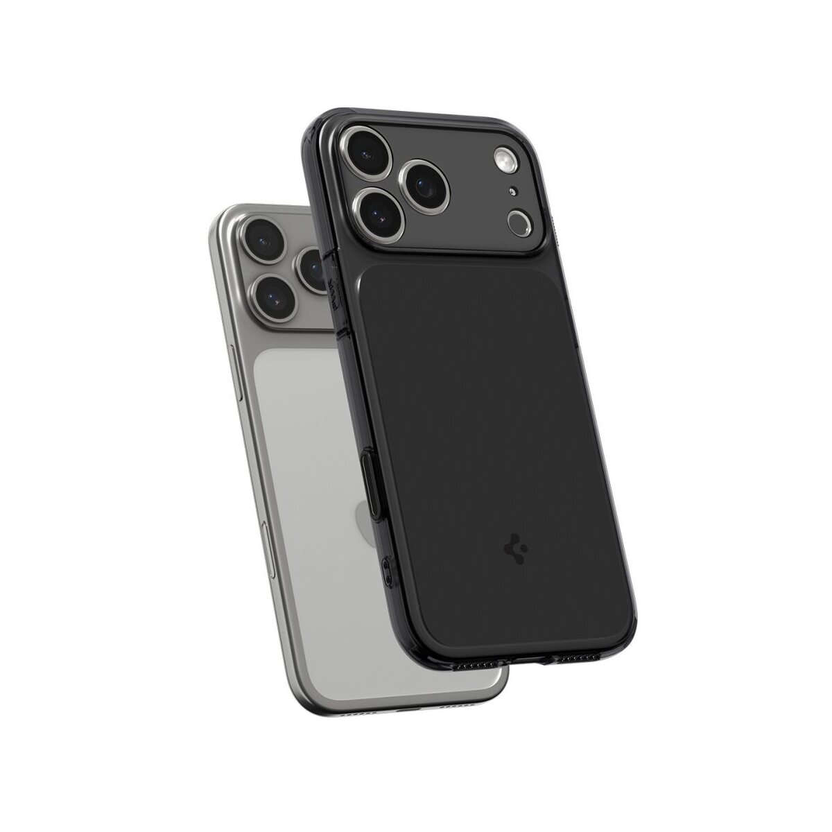 Due smartphone, uno argento, uno nero, con custodie protettive, su sfondo bianco.