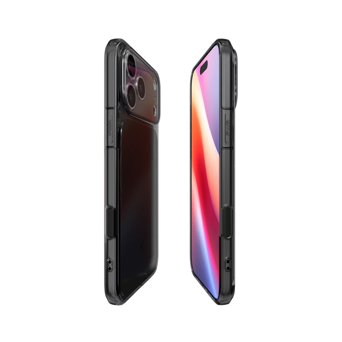 Due smartphone in custodie trasparenti, vista laterale. Uno mostra schermo nero, l'altro un'immagine colorata. Isolati su bianco.