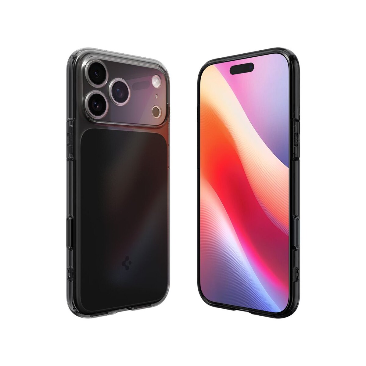 Due smartphone, uno con custodia trasparente e tre obiettivi, l'altro con sfondo astratto colorato, entrambi su bianco.