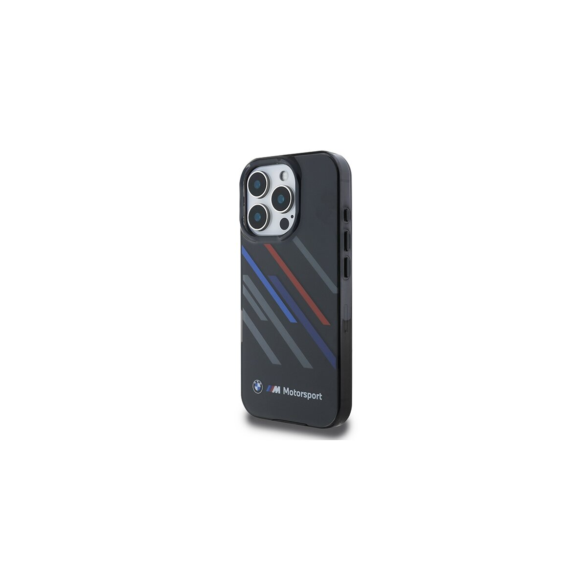 Custodia per telefono nera con lenti della fotocamera, logo BMW Motorsport e strisce colorate. Lo sfondo è bianco.