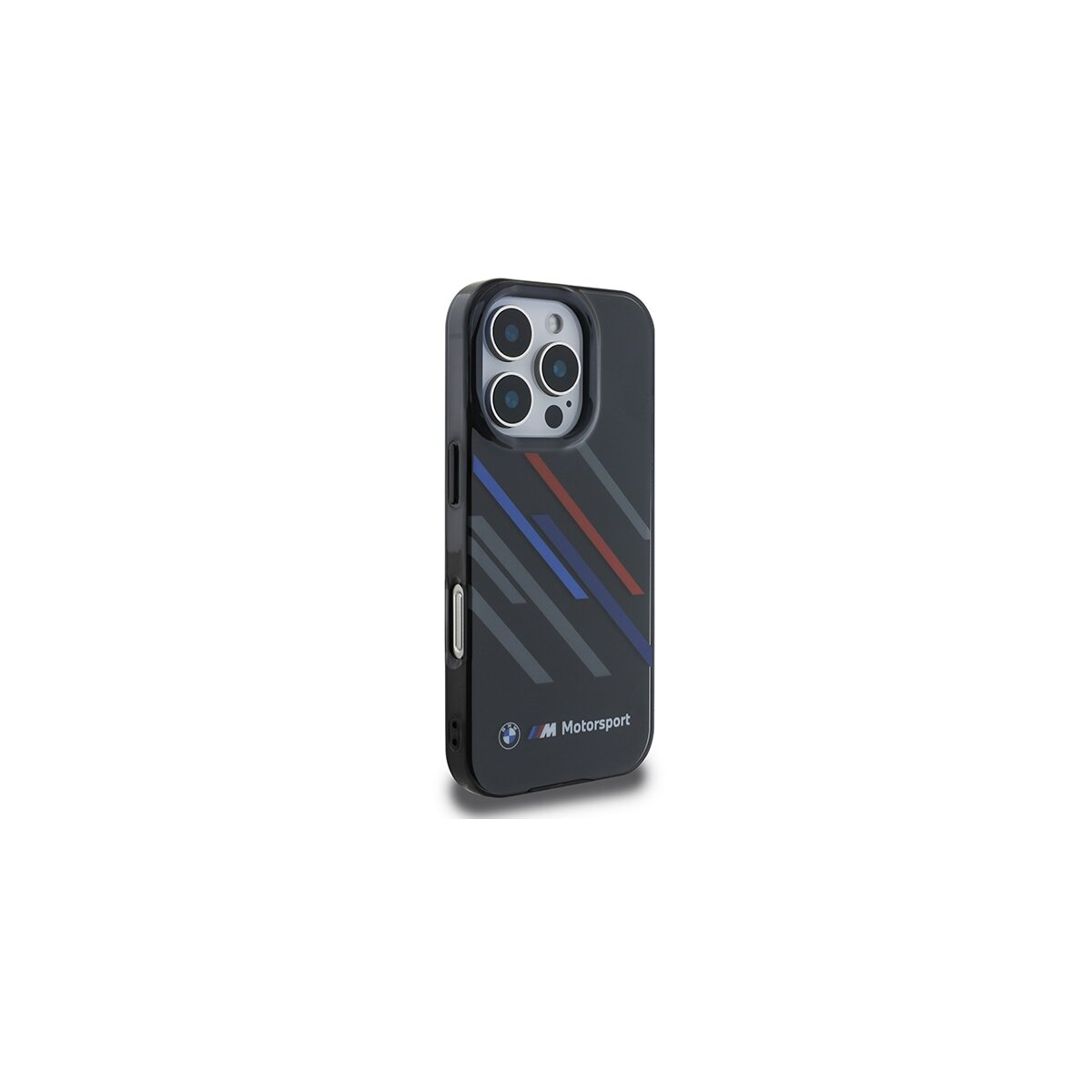 Custodia nera per telefono con lenti della fotocamera, design BMW Motorsport. Strisce diagonali blu, rosse e grigie. Sfondo bianco.