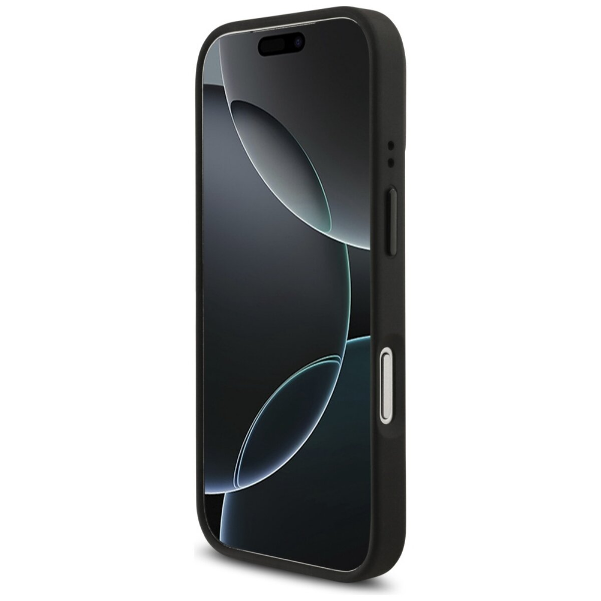 Ein schwarzes Smartphone in einer schwarzen Hülle wird schräg dargestellt. Der Bildschirm zeigt ein dunkles, abstraktes Design.