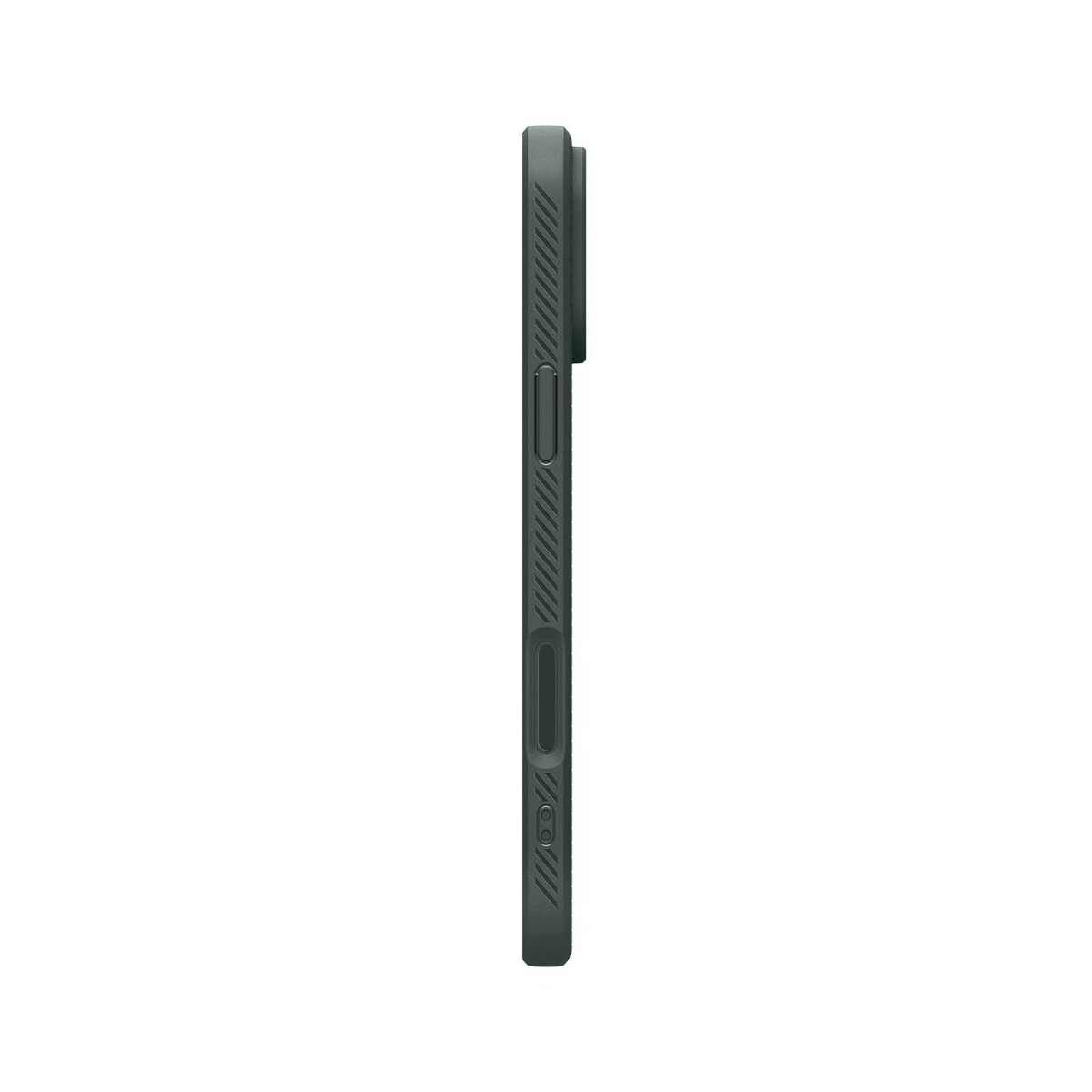 Vue latérale d'une coque de téléphone vert foncé. Elle a une découpe pour l'appareil photo, un bouton de volume et un bouton d'alimentation. La coque est texturée.