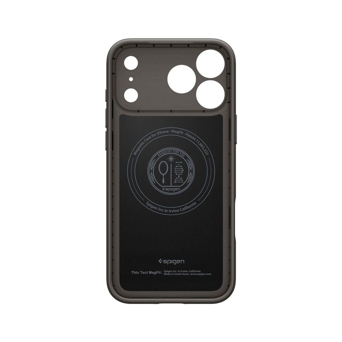 Dunkelgraue Handyhülle mit Kameraausschnitten und Spigen-Logo. Text: Magnetic Case, Thin Tect MagFit, Spigen Inc.