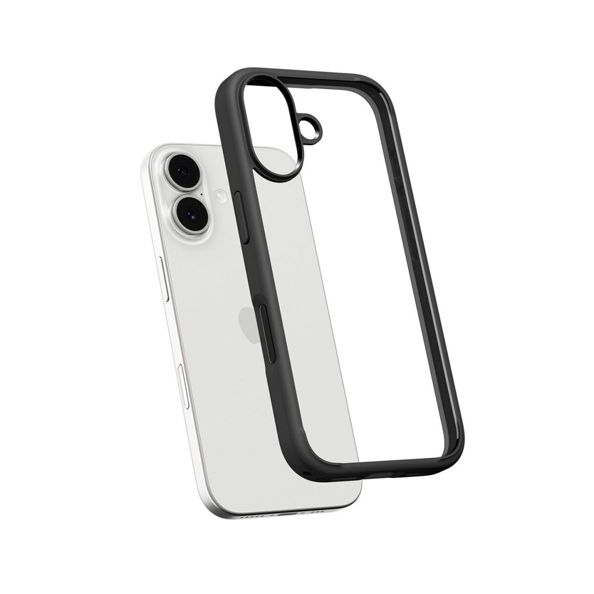 Un smartphone blanc avec caméra noire et étui transparent est présenté. L'étui est incliné et recouvre partiellement le téléphone.