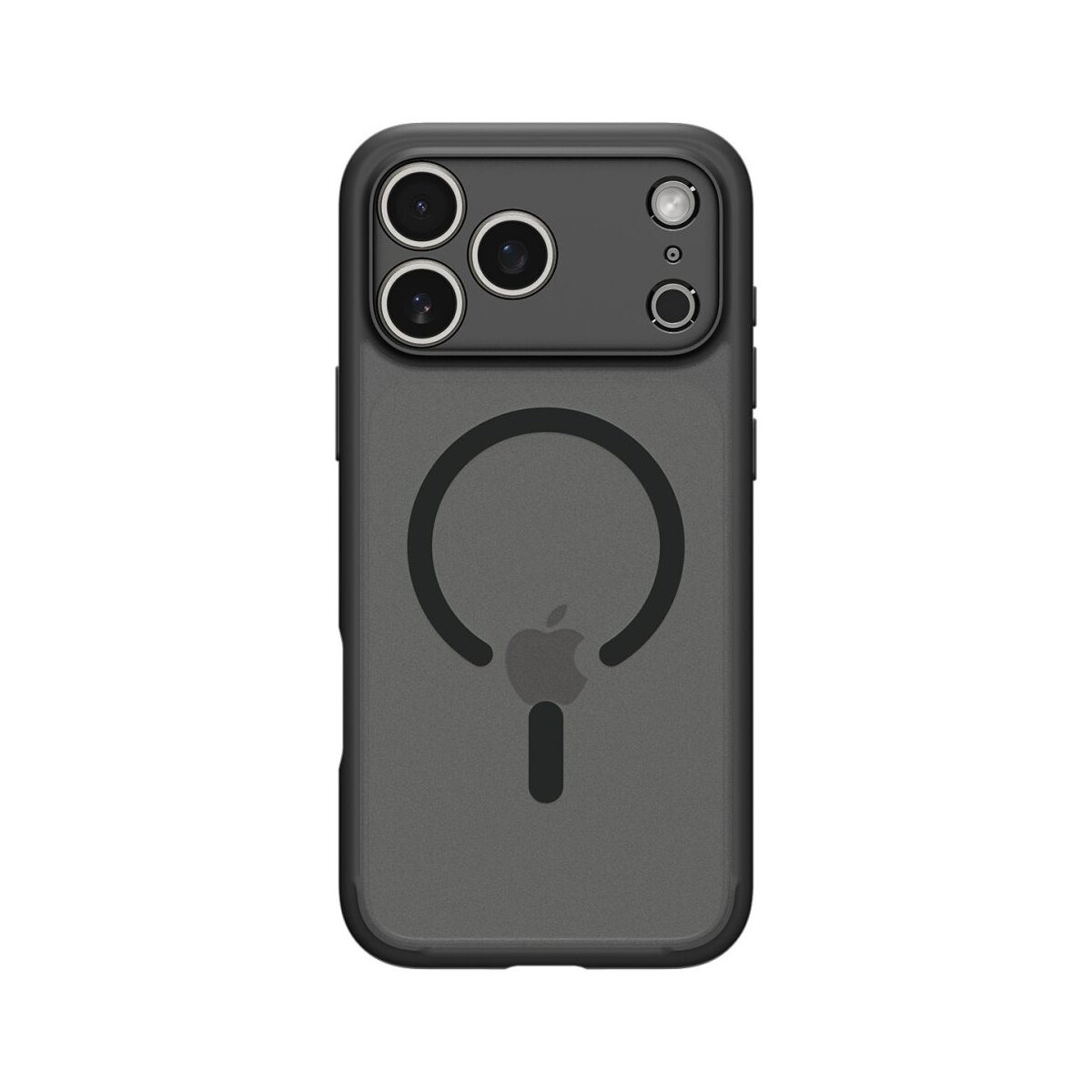Una custodia per telefono grigio scuro, con un design MagSafe circolare sul retro. La custodia ha un ritaglio per la fotocamera.