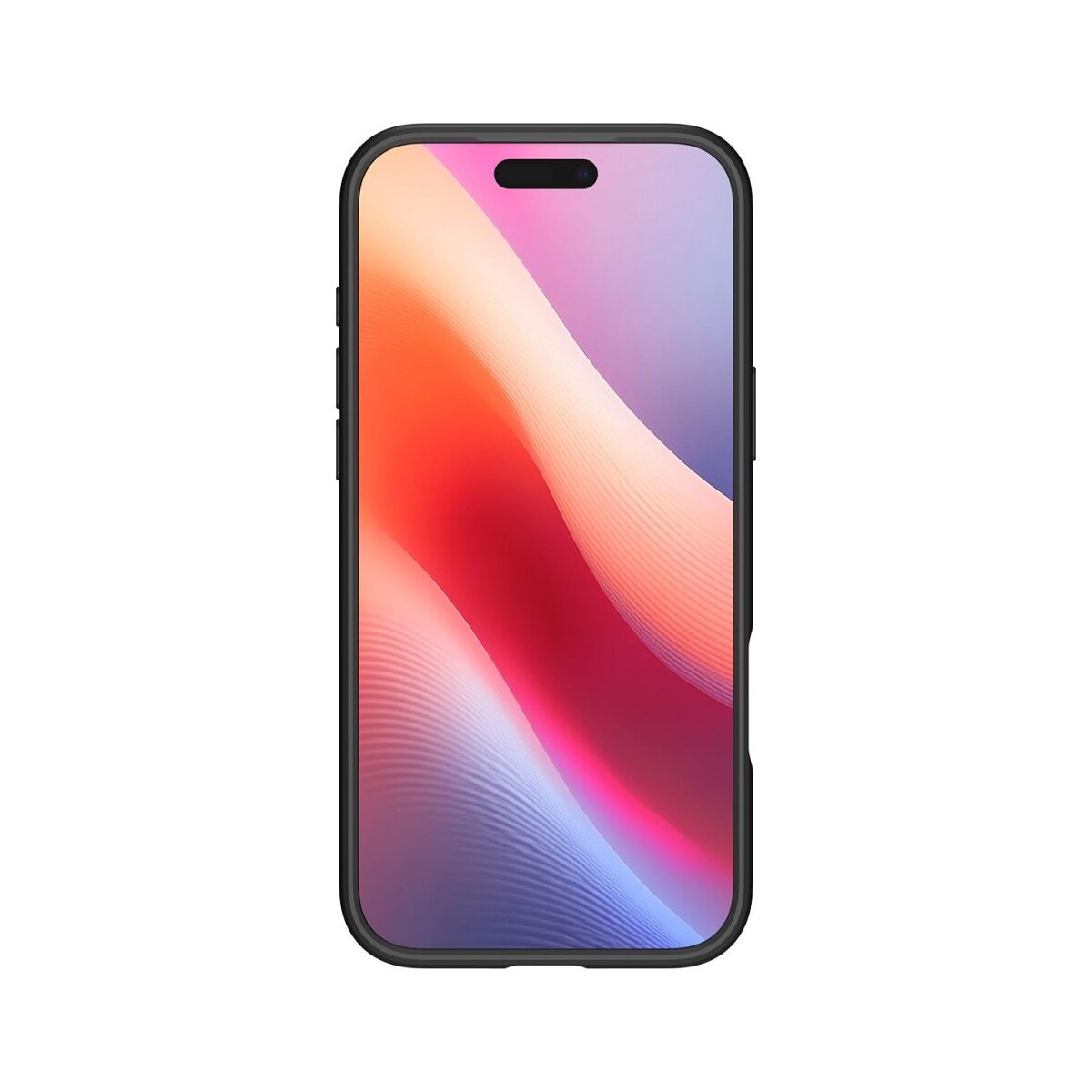 Uno smartphone con custodia nera mostra un'immagine astratta di onde rosse, rosa e viola su sfondo bianco.