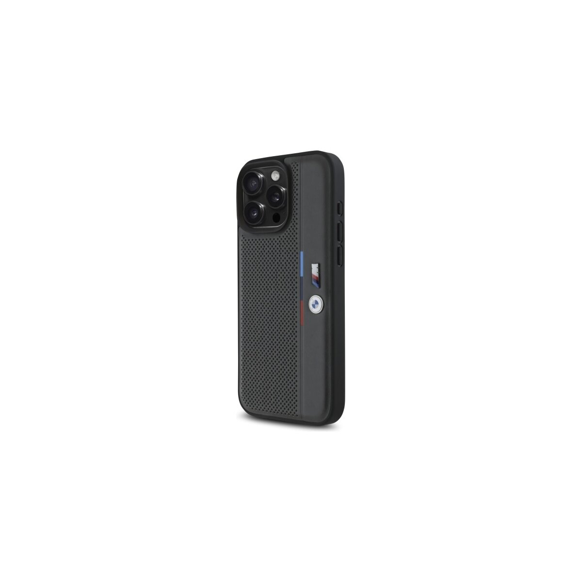 Una custodia nera per telefono con texture perforata e logo BMW. Ha più lenti e pulsanti laterali.